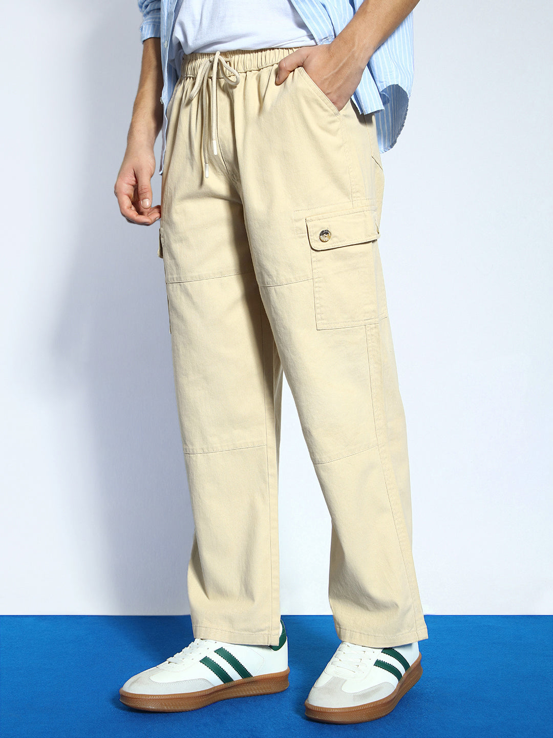 Men's Beige Loose Baggy Fit Cargo Jogger Chino Pant with 6 Pockets Stretchable