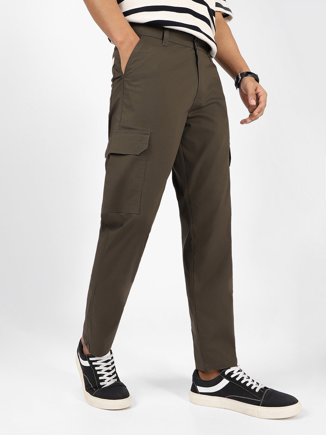 Men's Dark Olive Regular Fit Solid Cargo Chino Pant With 6 Pockets