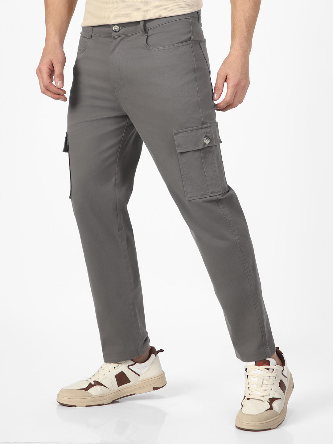 Men's Dark Grey Regular Fit Solid Cargo Chino Pant with 6 Pockets Stretchable