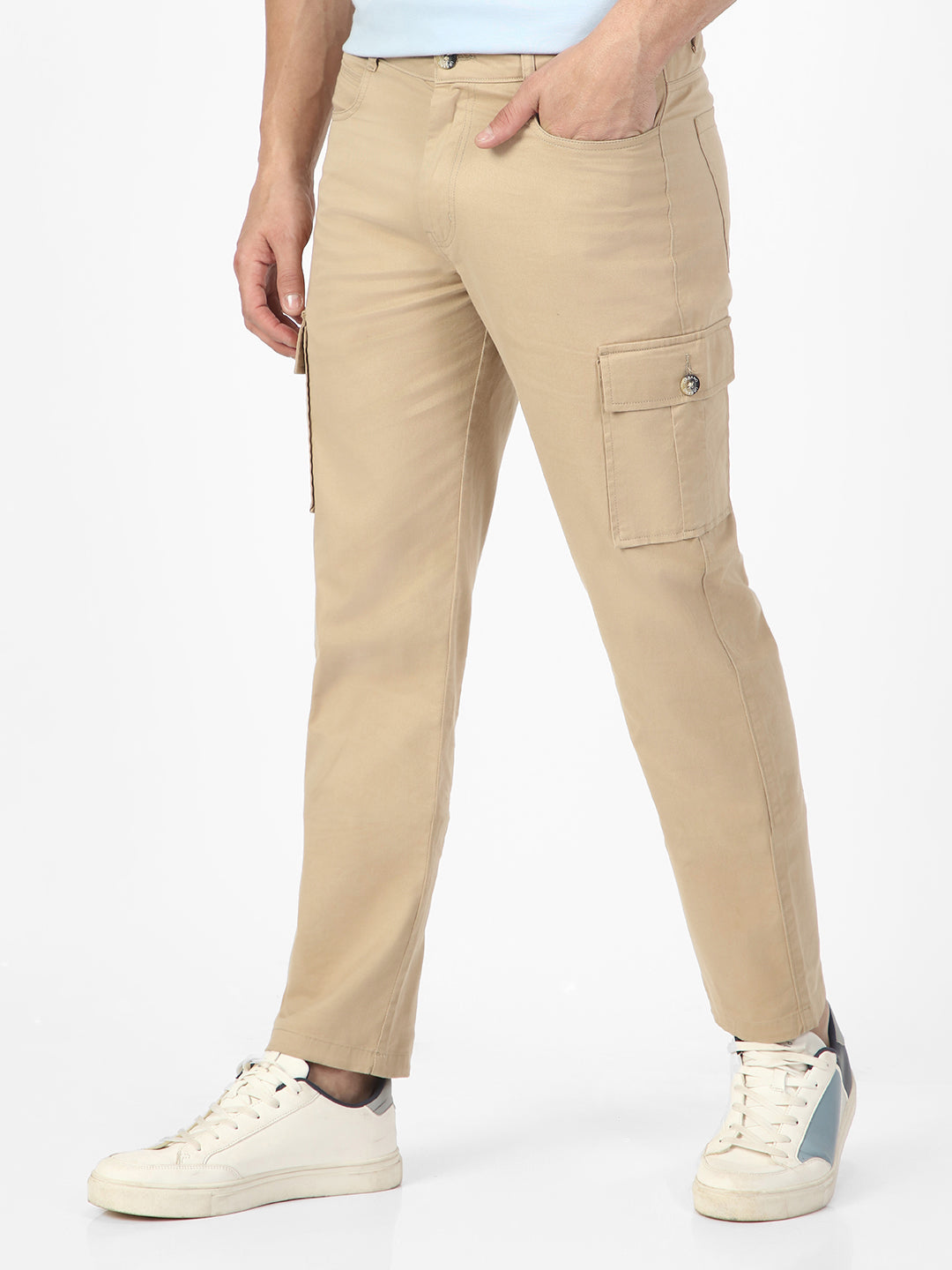 Men's Khaki Regular Fit Solid Cargo Chino Pant with 6 Pockets Stretchable