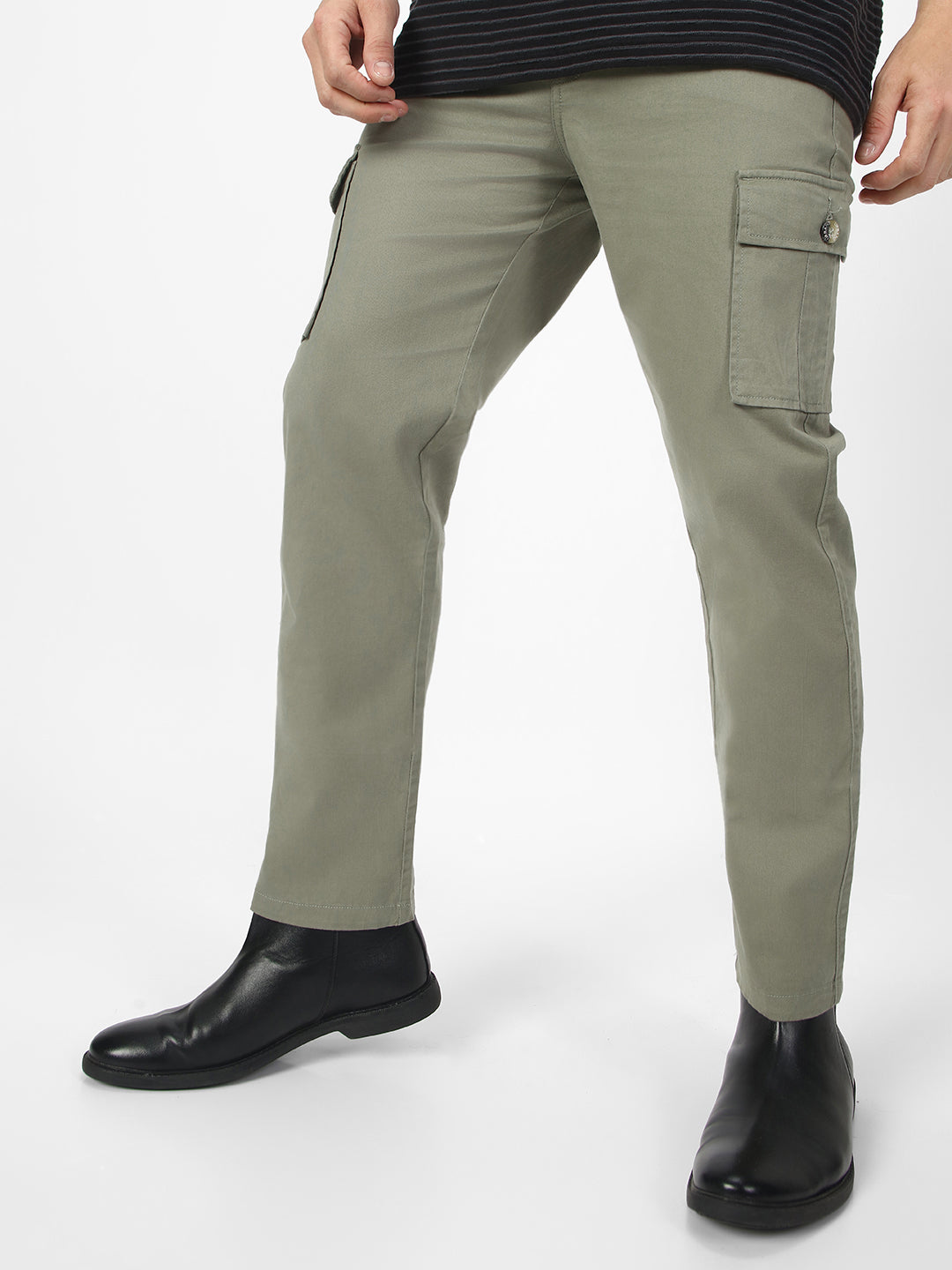 Men's Olive Regular Fit Solid Cargo Chino Pant with 6 Pockets Stretchable