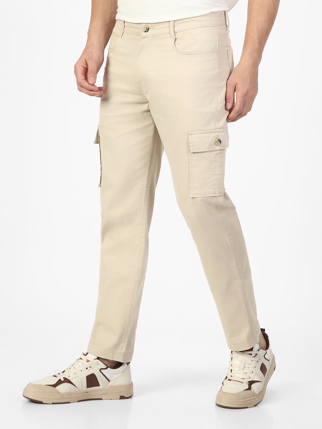 Men's Sand Regular Fit Solid Cargo Chino Pant with 6 Pockets Stretchable