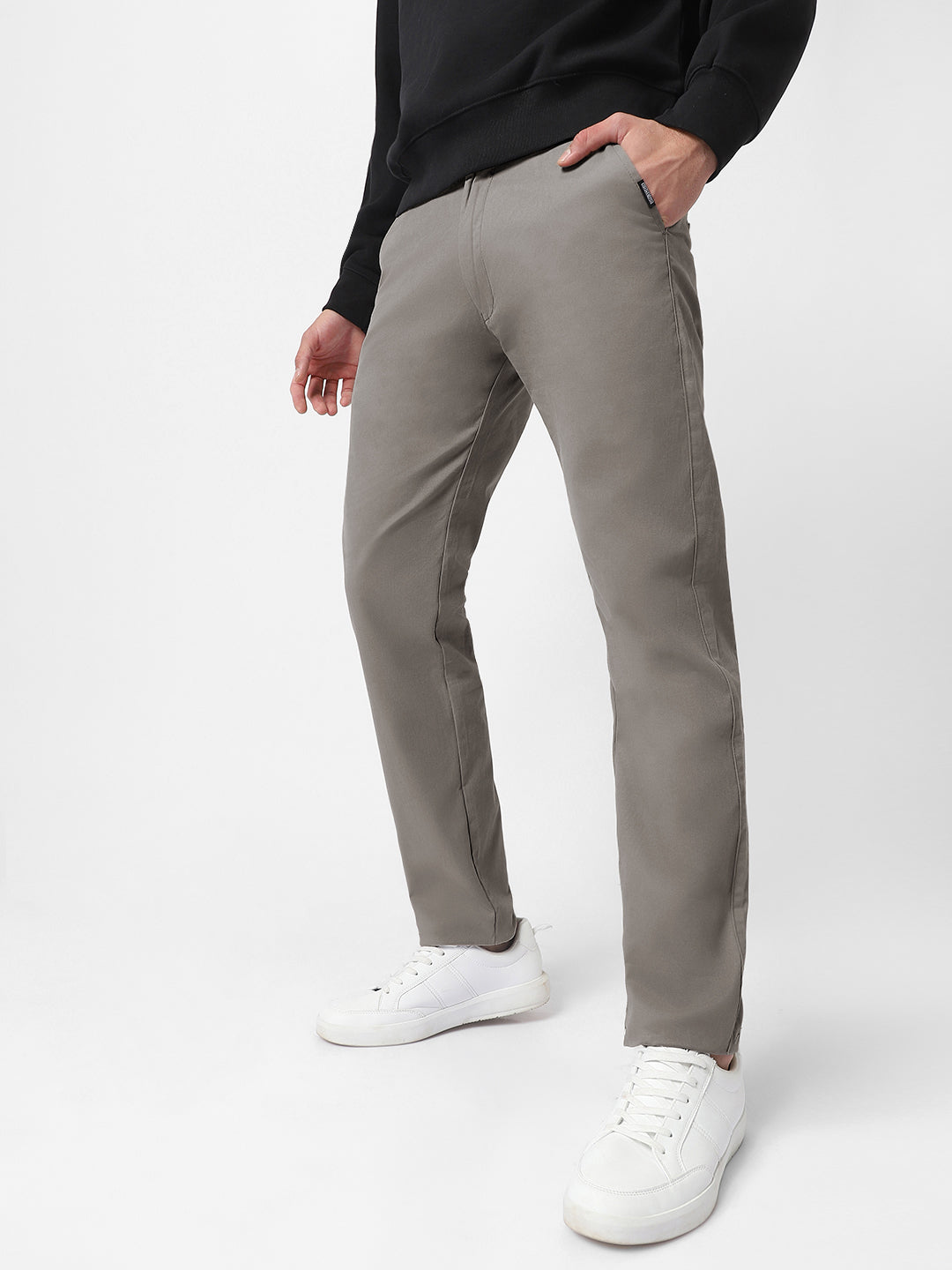 Men's Grey Cotton Slim Fit Casual Chinos Trousers Stretch