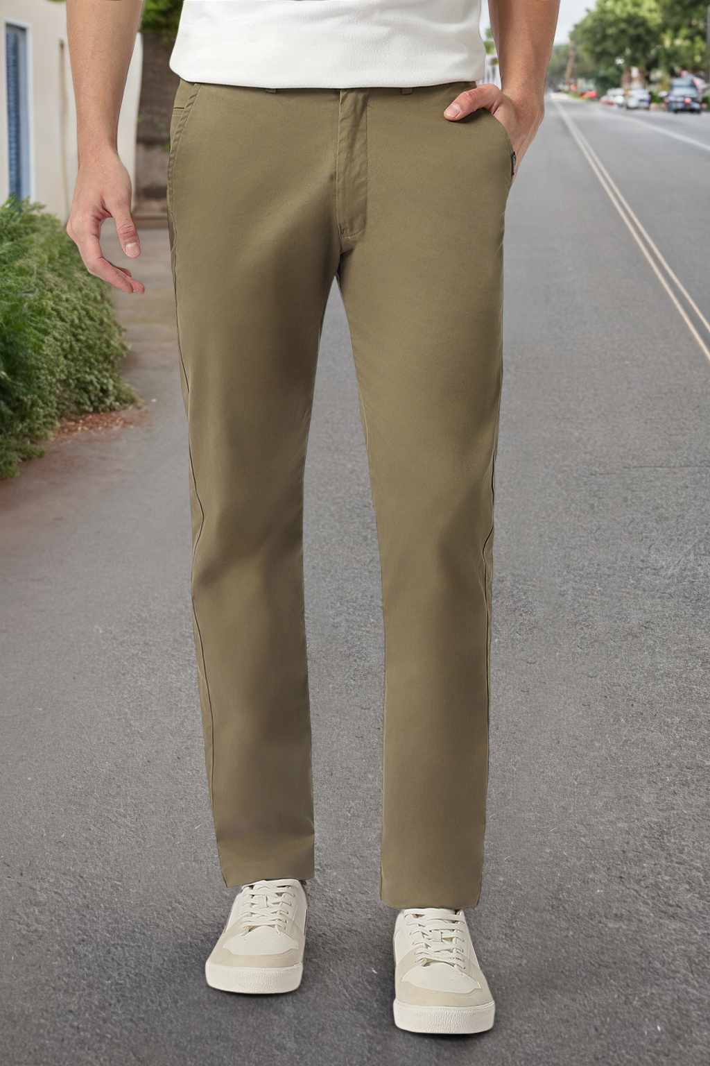 Men's Olive Green Cotton Slim Fit Casual Chinos Trousers Stretch