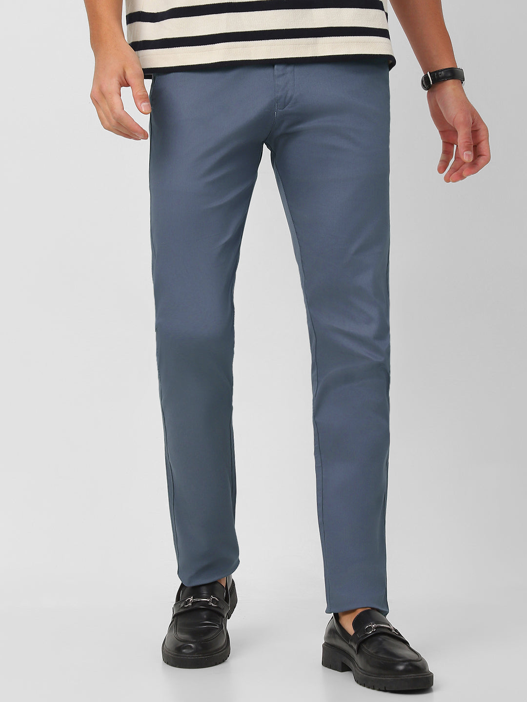 Men's Steel Blue Cotton Slim Fit Casual Chinos Trousers Stretch