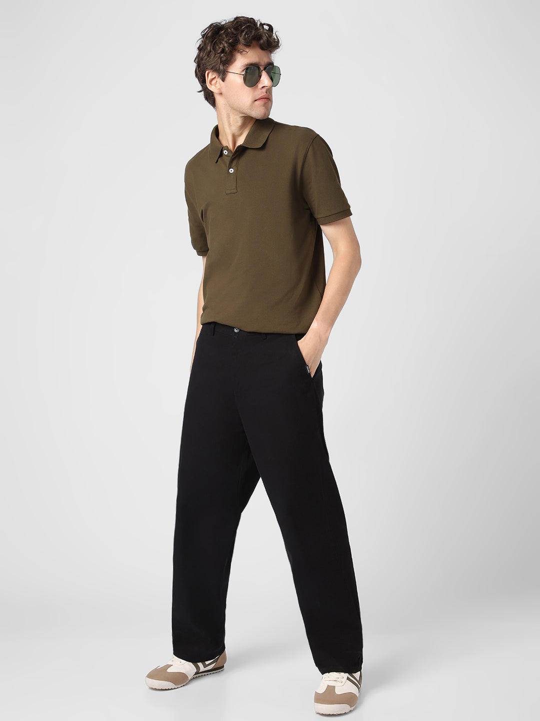 Men's Black Loose Baggy Fit Solid Chino Trousers Non-Stretchable