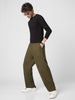 Men's Dark Olive Loose Baggy Fit Solid Chino Trousers Non-Stretchable