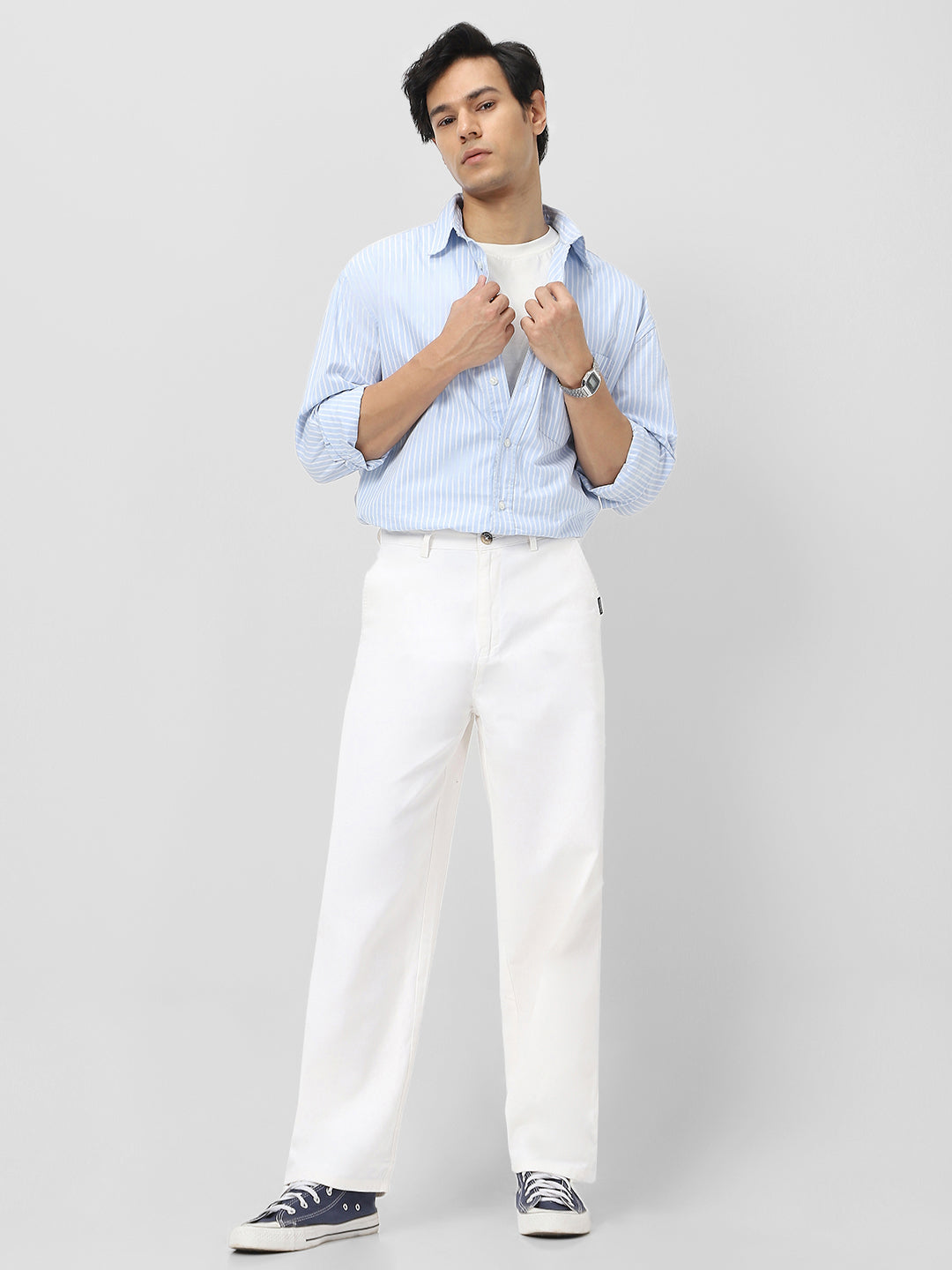 Men's White Loose Baggy Fit Solid Chino Trousers Non-Stretchable