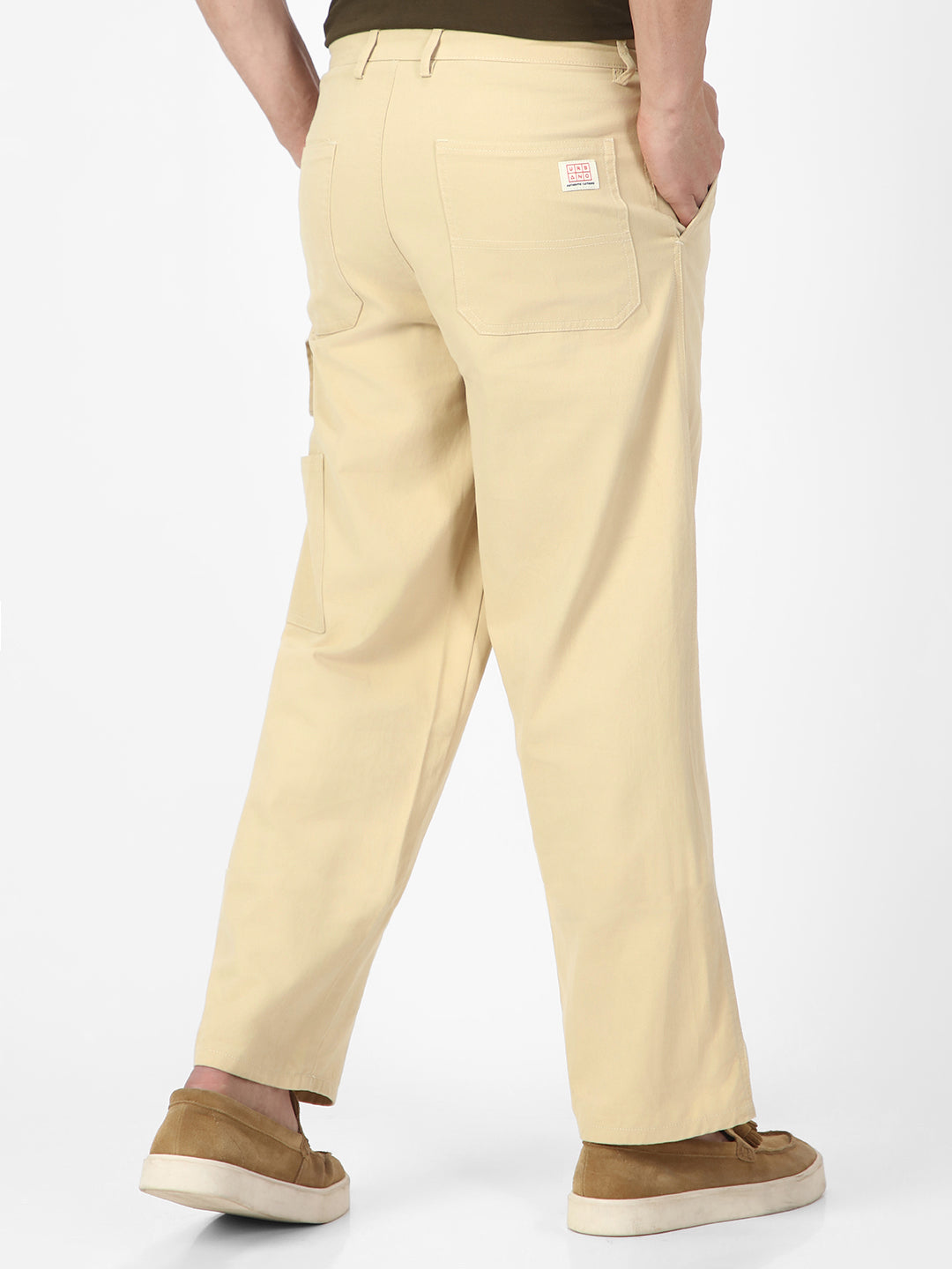 Men's Beige Loose Baggy Fit Solid Carpenter Trouser Pant with 5 Pockets Non-Stretchable