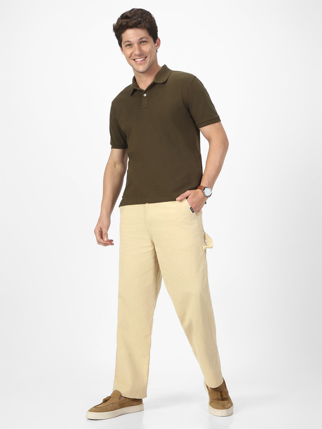 Men's Beige Loose Baggy Fit Solid Carpenter Trouser Pant with 5 Pockets Non-Stretchable