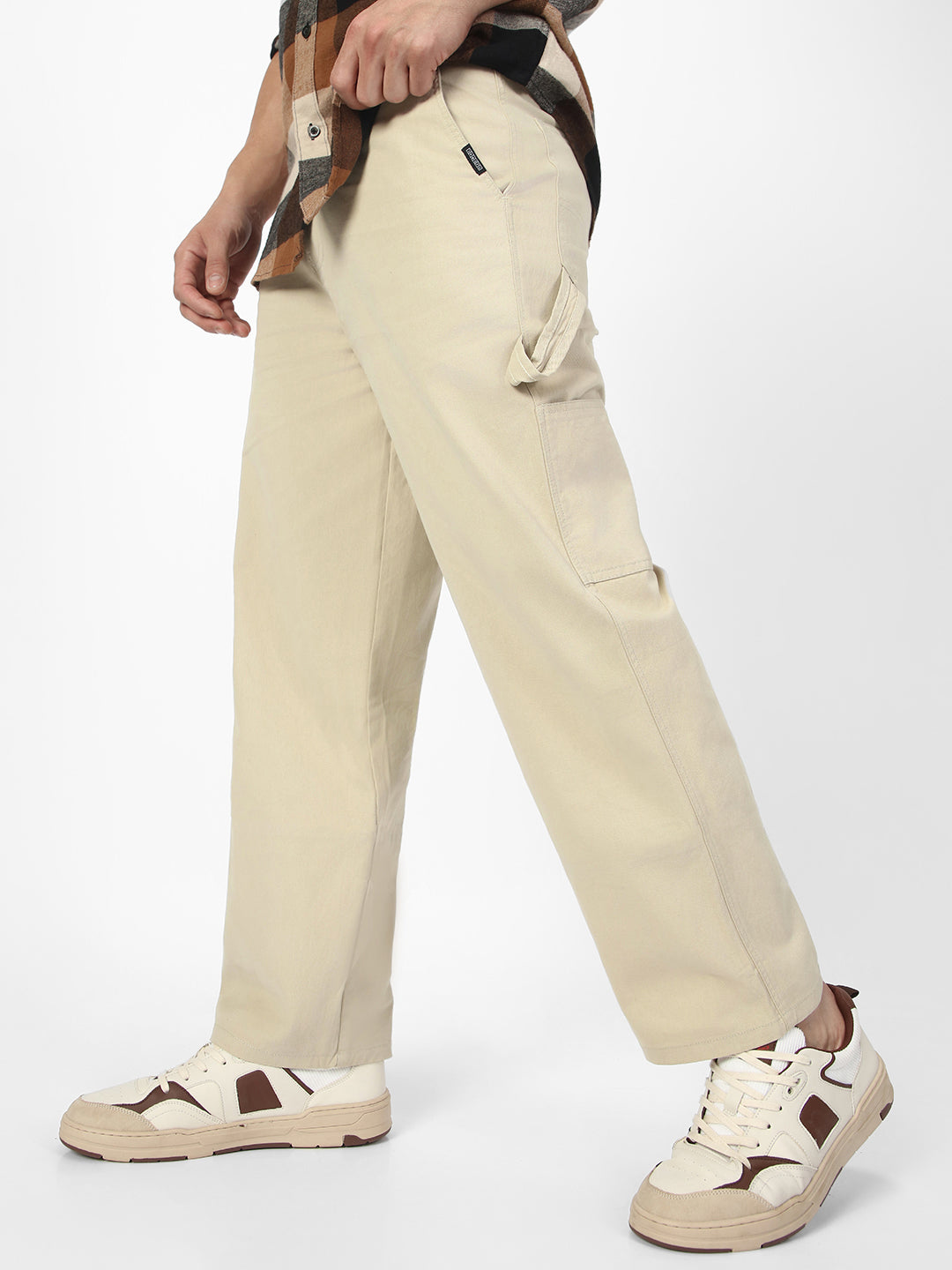 Men's Cream Loose Baggy Fit Solid Carpenter Trouser Pant with 5 Pockets Non-Stretchable