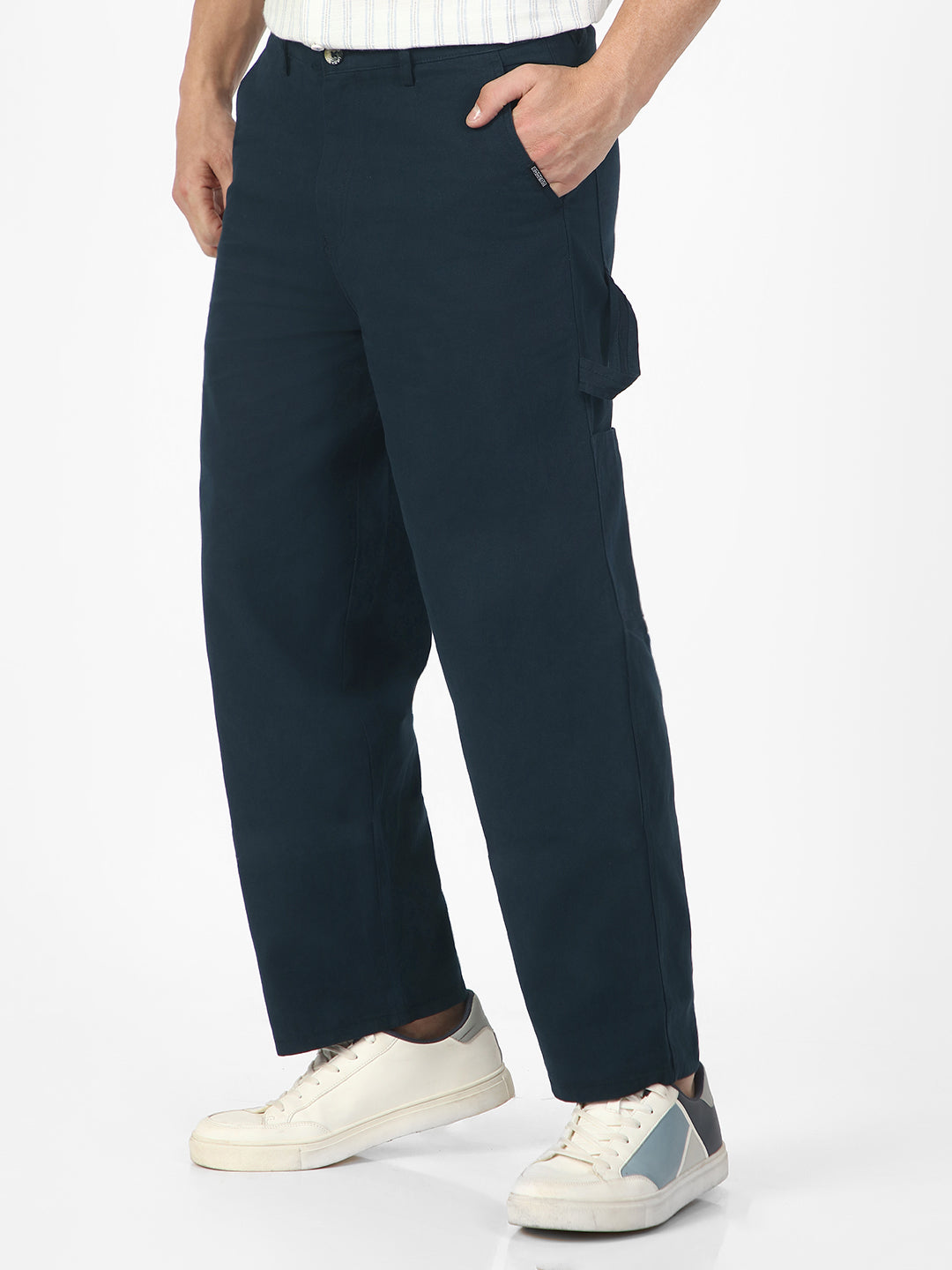 Men's Navy Loose Baggy Fit Solid Carpenter Trouser Pant with 5 Pockets Non-Stretchable