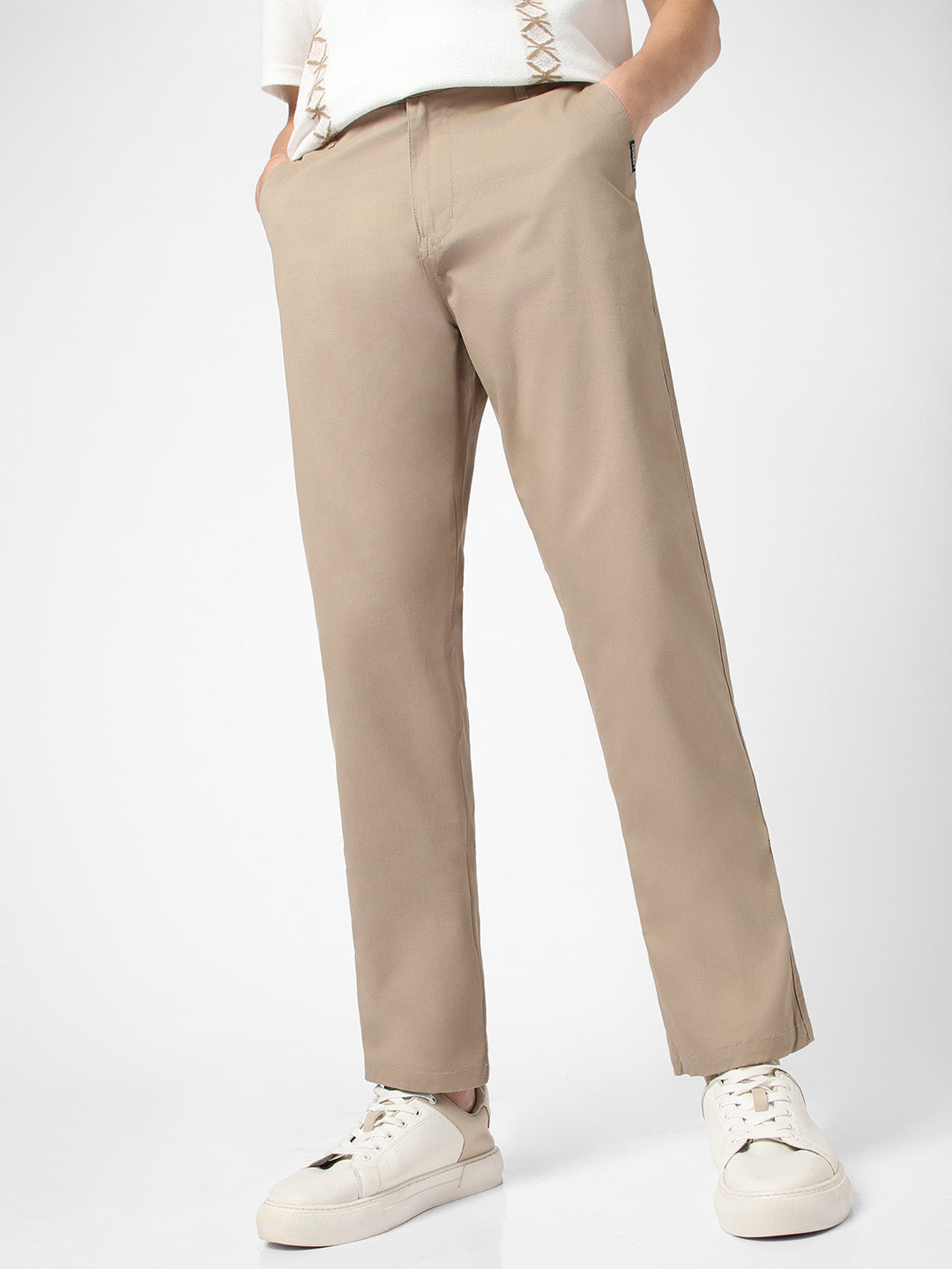 Men's Beige Cotton Regular Fit Casual Chinos Trousers Stretch