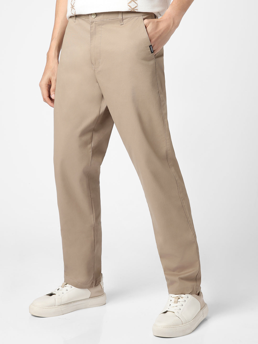 Men's Beige Cotton Regular Fit Casual Chinos Trousers Stretch