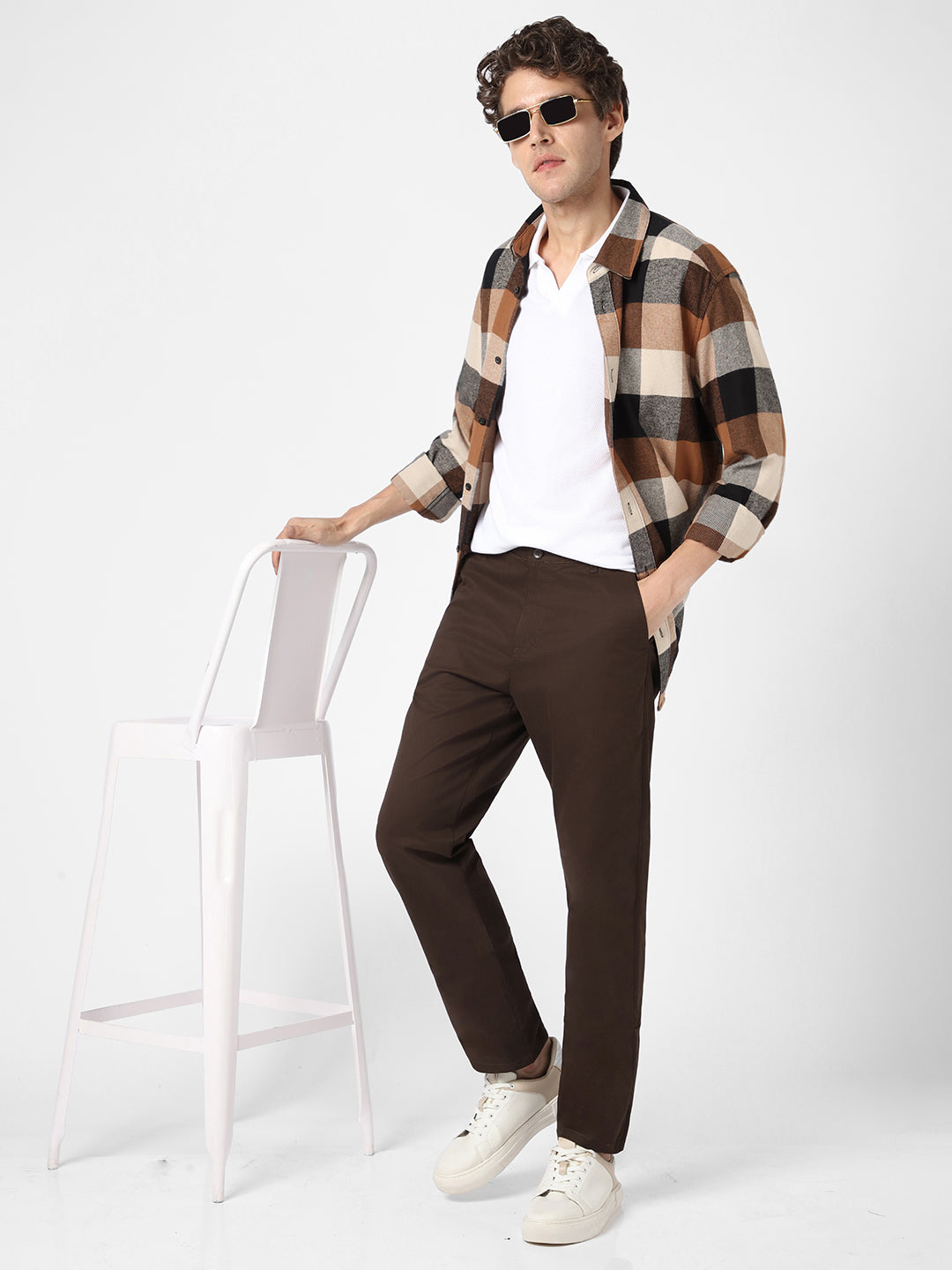 Men's Chocolate Brown Cotton Regular Fit Casual Chinos Trousers Stretch