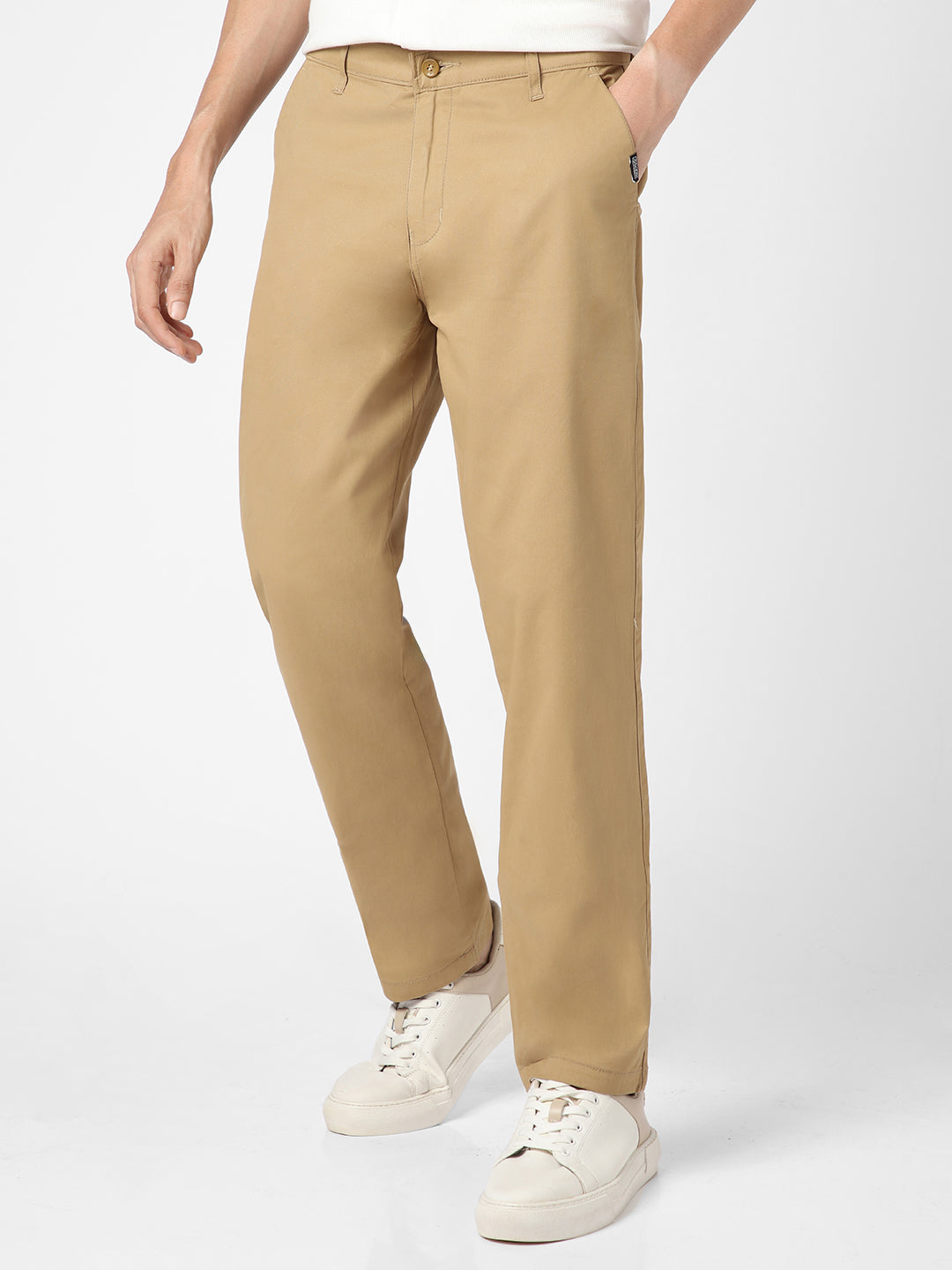 Men's Khaki Cotton Regular Fit Casual Chinos Trousers Stretch