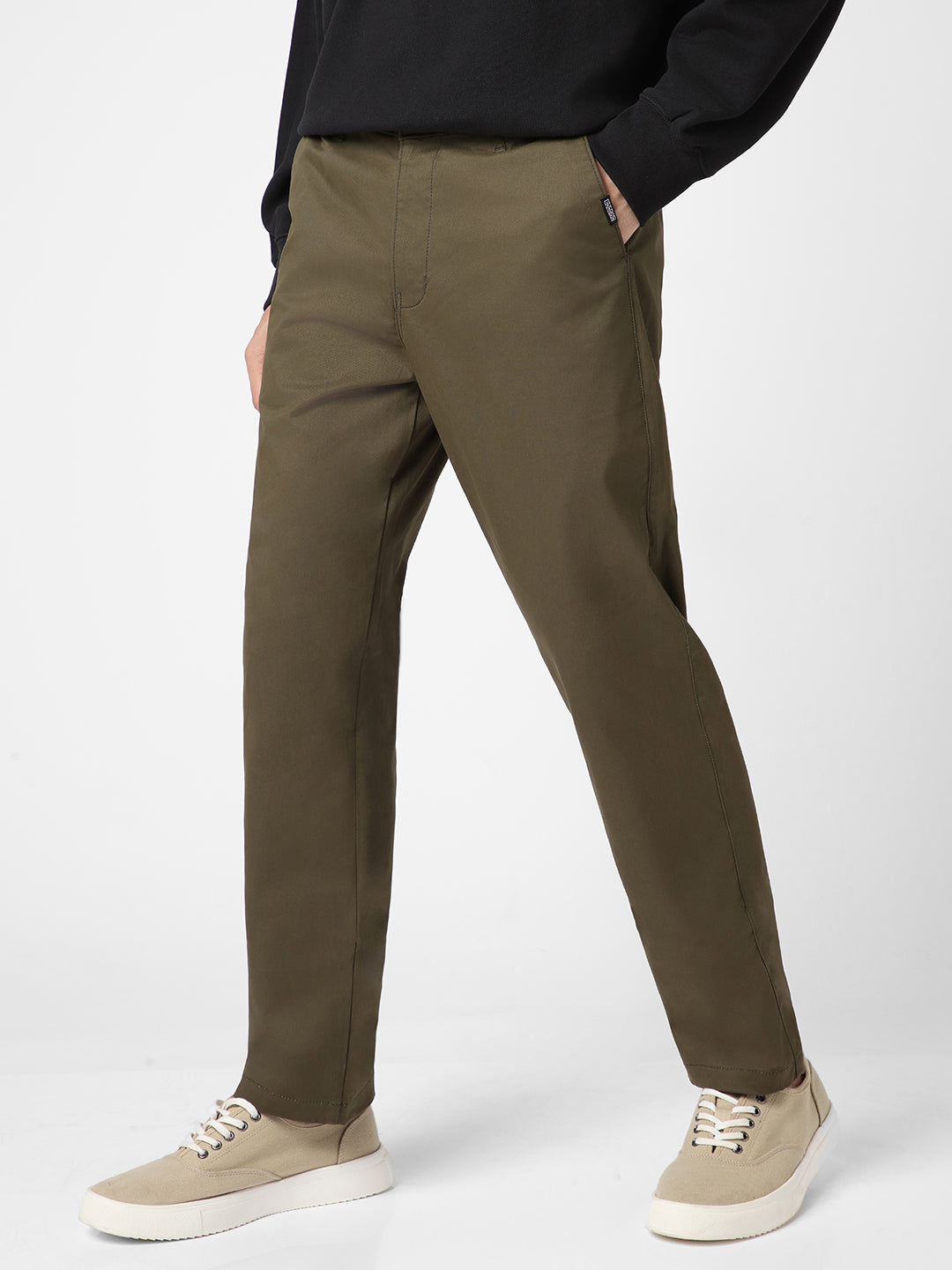 Men's Olive Green Cotton Regular Fit Casual Chinos Trousers Stretch