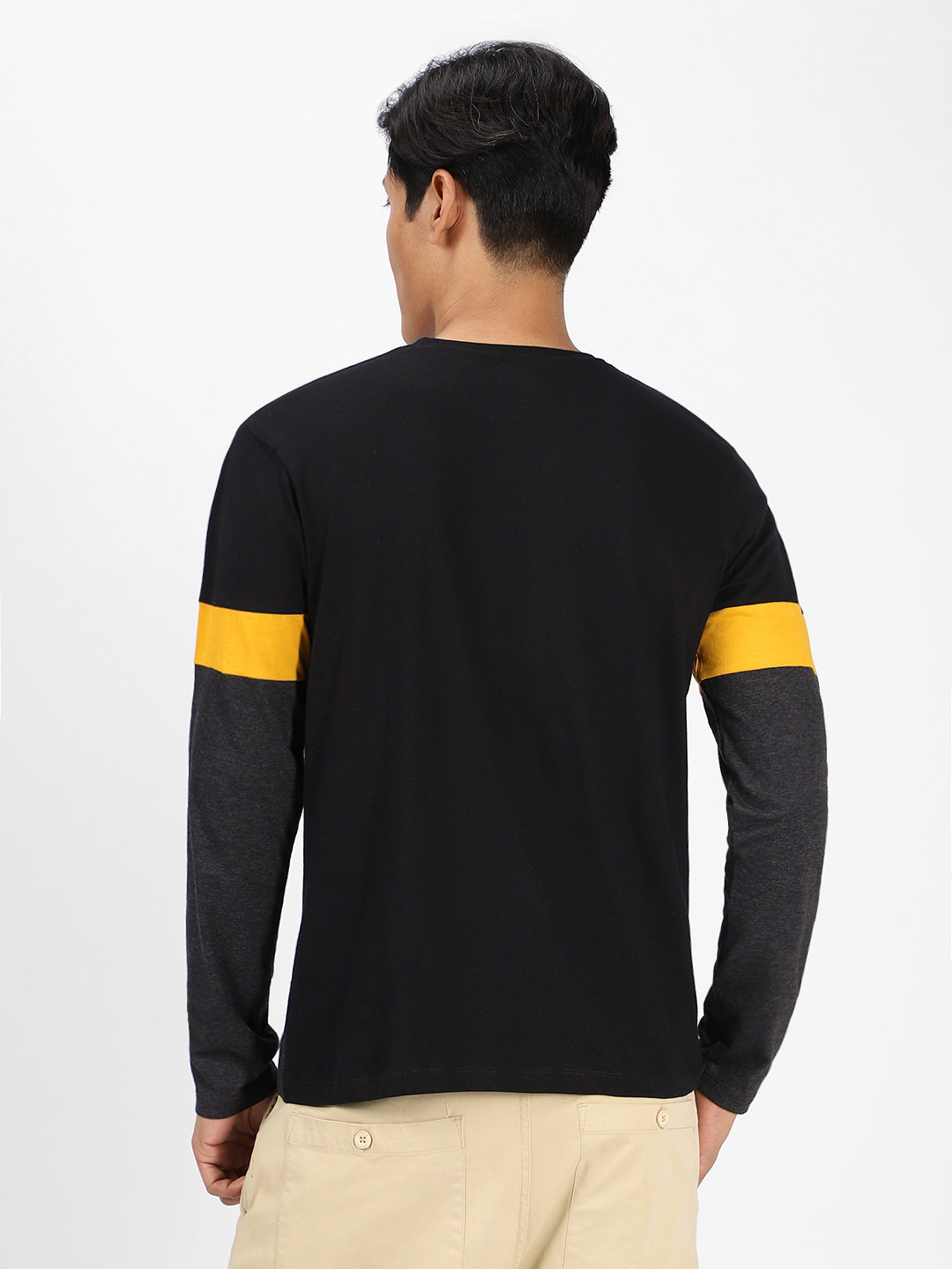 Men's Black, Yellow Full Sleeve Round Neck Cotton T-Shirt