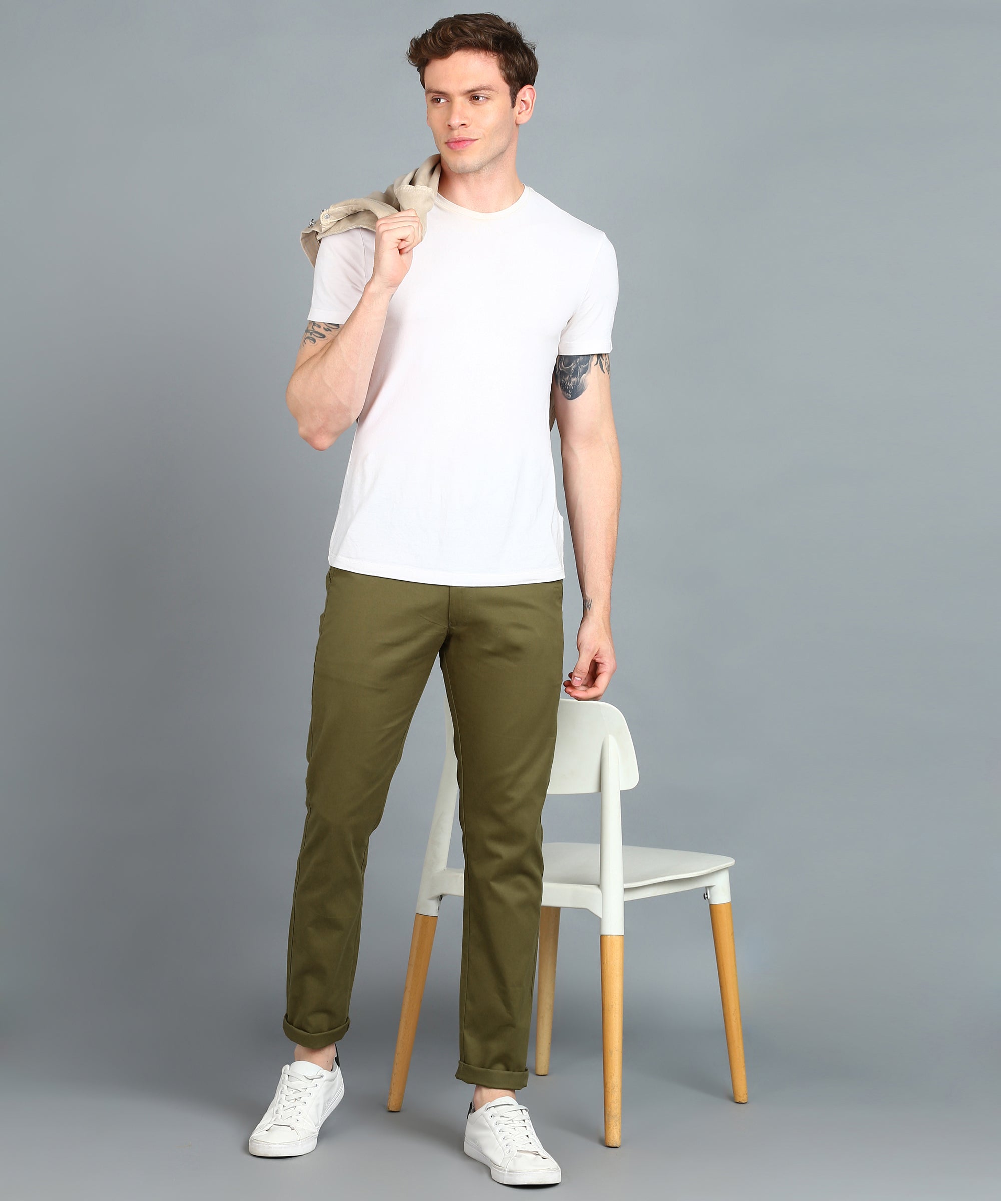 Men's Green Cotton Light Weight Non-Stretch Slim Fit Casual Trousers