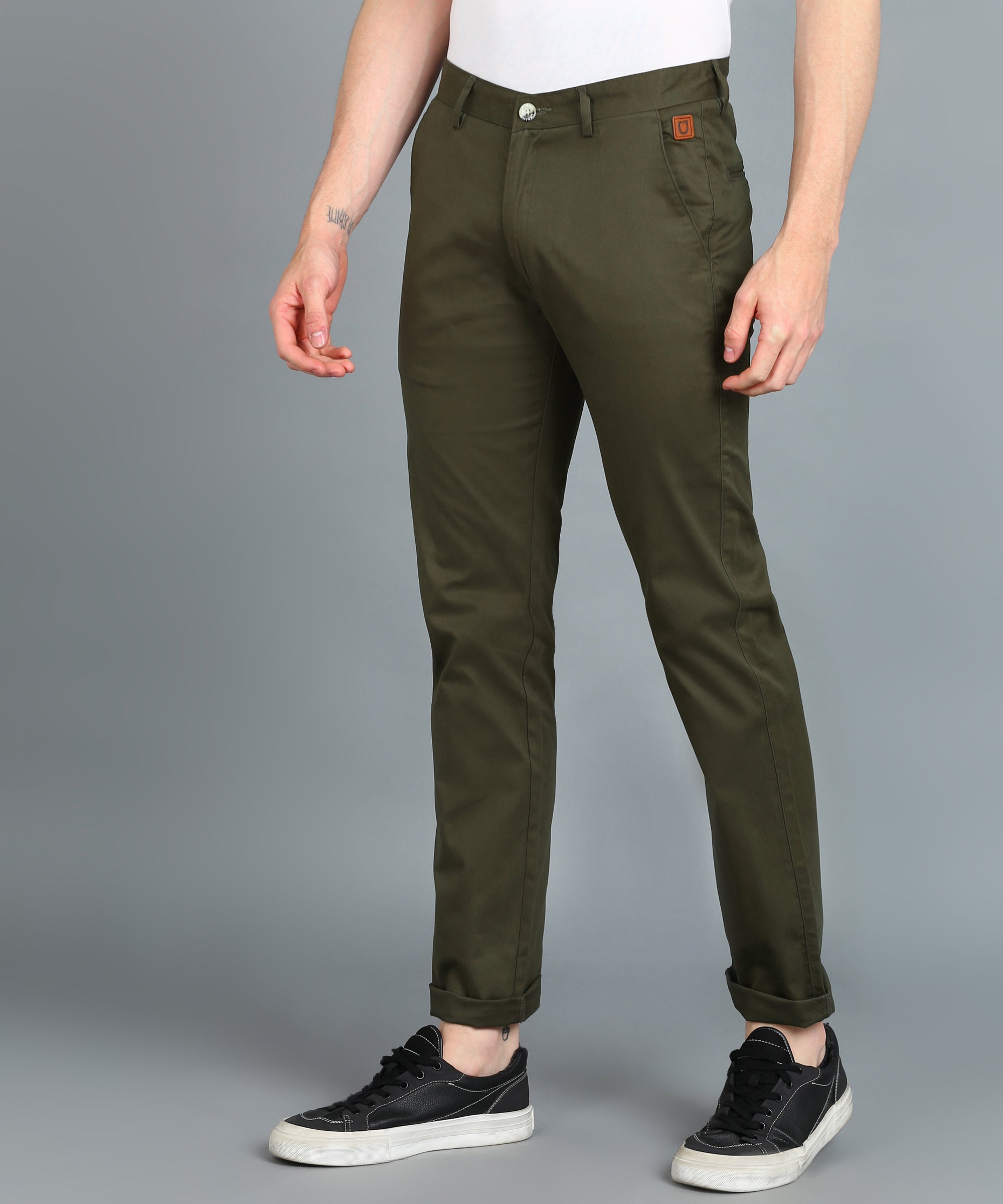 Men's Dark Green Cotton Light Weight Non-Stretch Slim Fit Casual Trousers