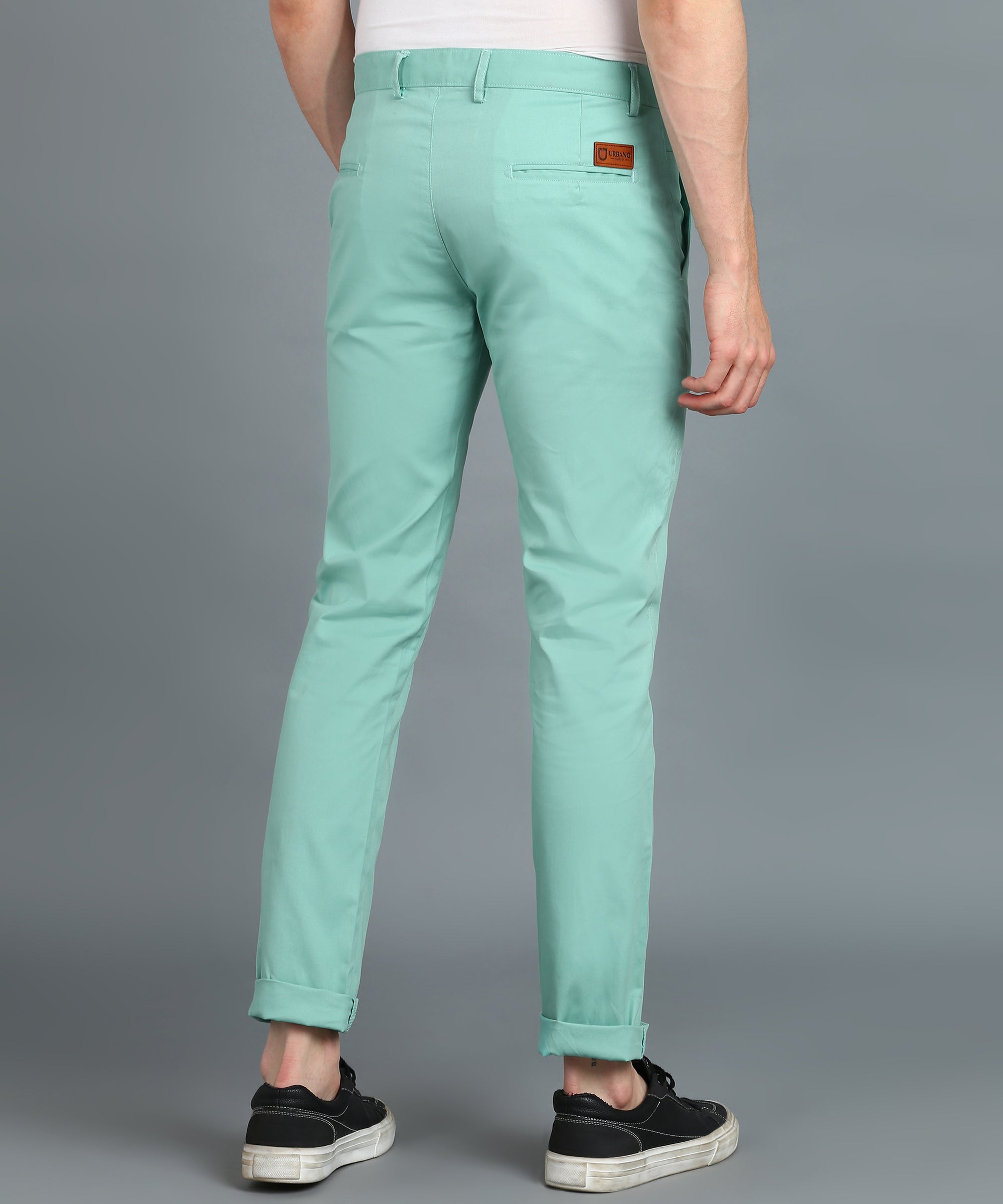 Men's Green Cotton Light Weight Non-Stretch Slim Fit Casual Trousers