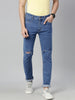 Men's Light Blue Slim Fit Knee Slit Distressed Jeans Stretchable