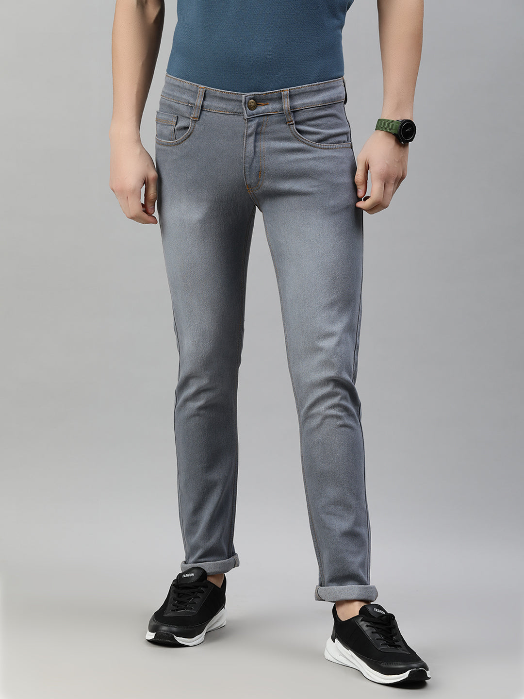 Men's Light Grey Slim Fit Washed Jeans Stretchable