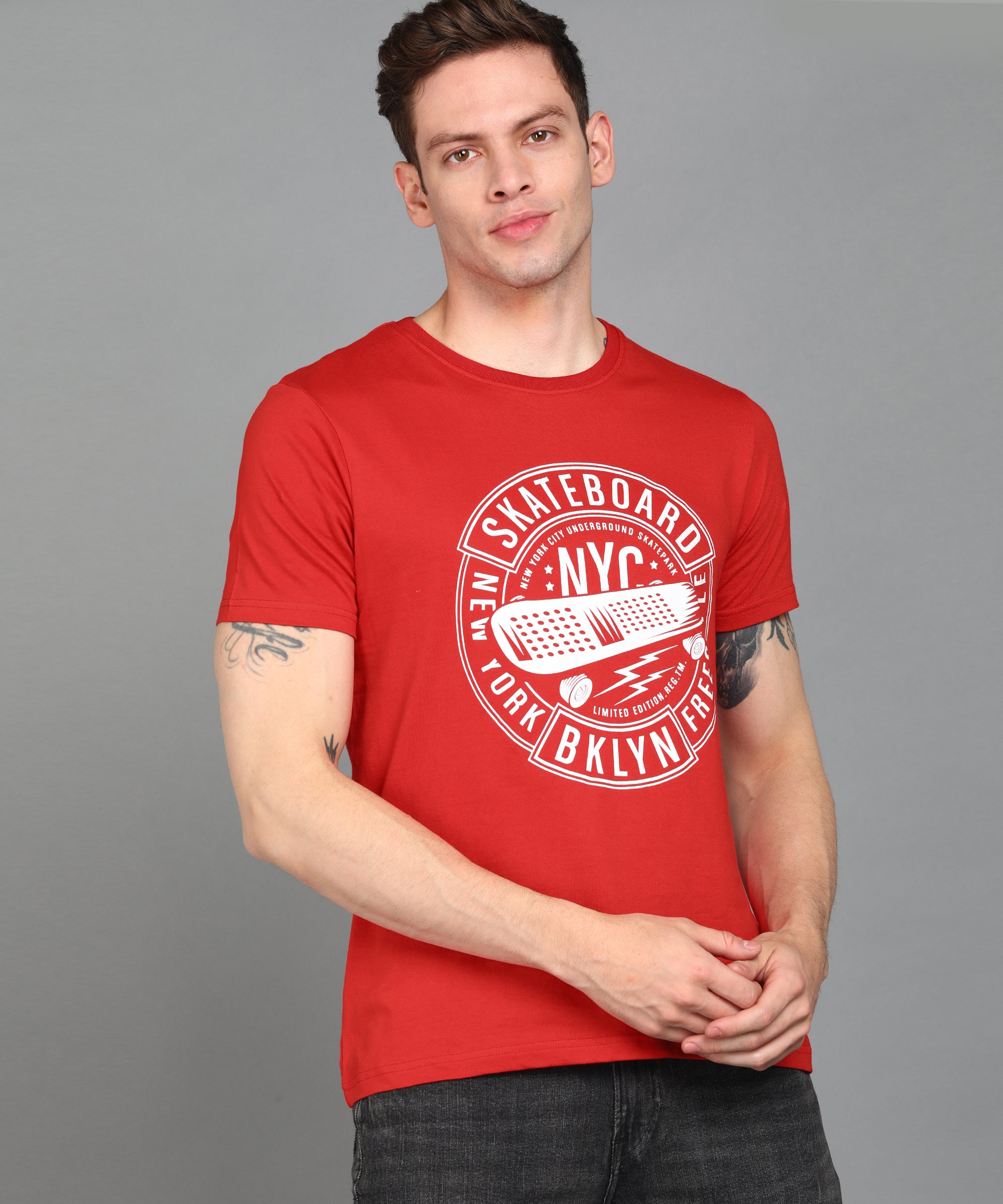 Urbano Fashion Men's Red Graphic Printed Round Neck Half Sleeve Slim Fit Cotton T-Shirt