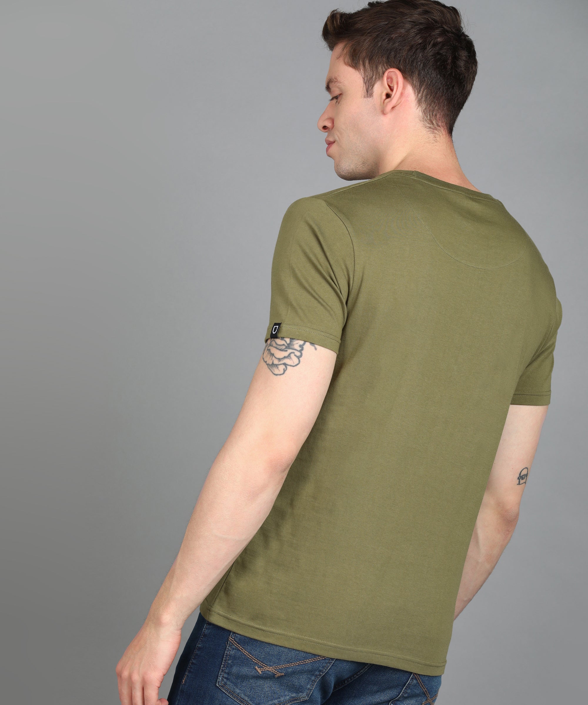 Urbano Fashion Men's Light Olive Graphic Printed Round Neck Half Sleeve Slim Fit Cotton T-Shirt