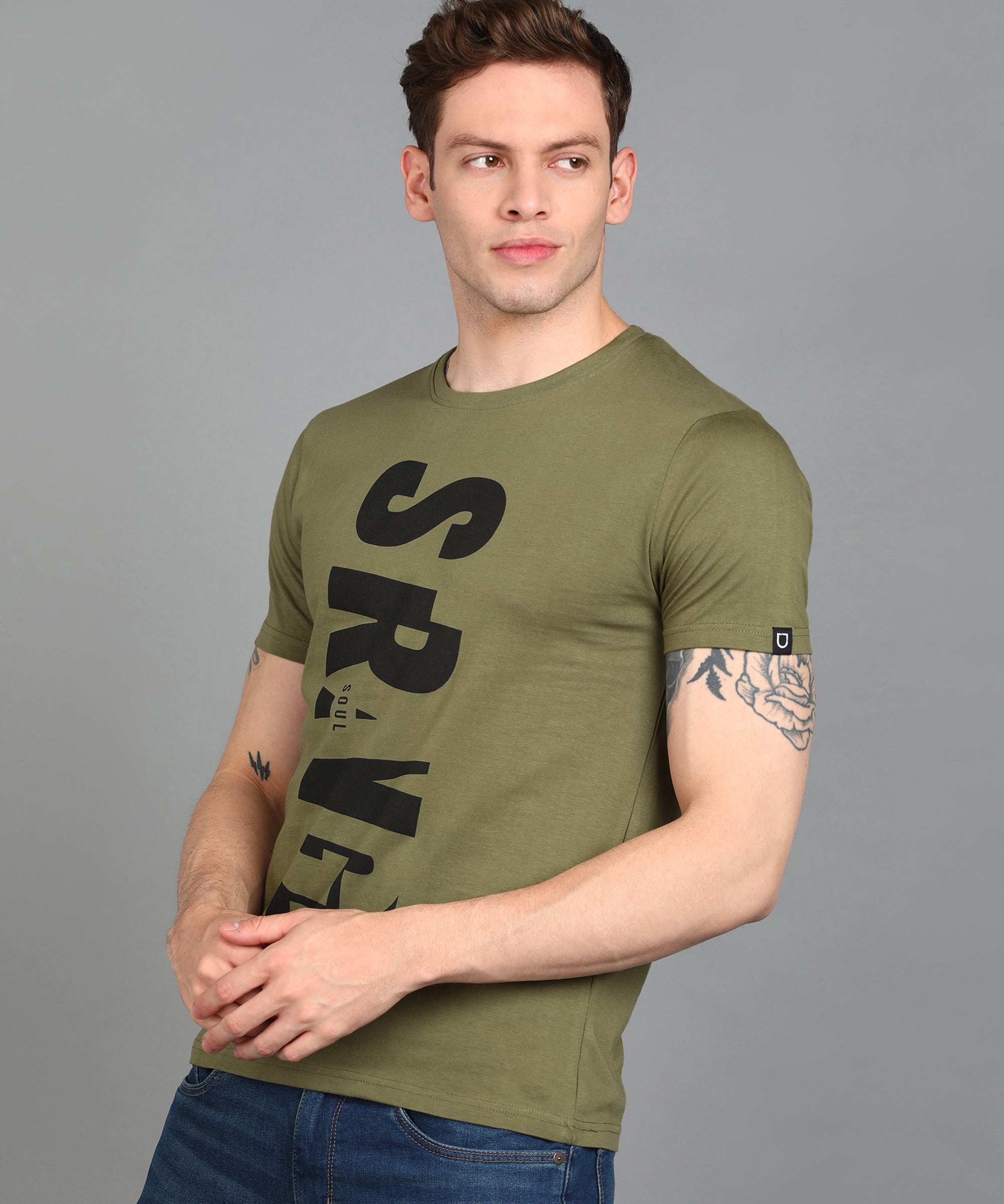 Urbano Fashion Men's Light Olive Graphic Printed Round Neck Half Sleeve Slim Fit Cotton T-Shirt