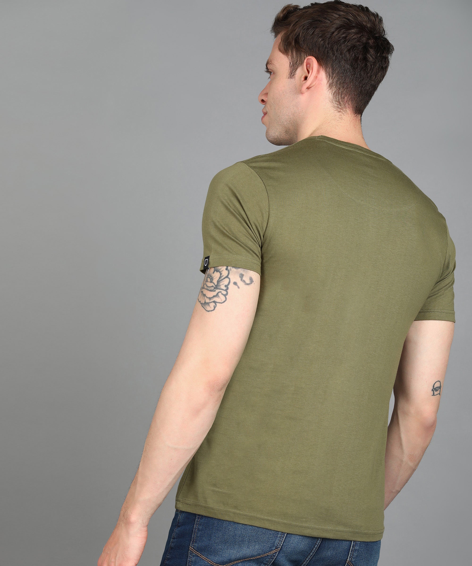 Urbano Fashion Men's Light Olive Graphic Printed Round Neck Half Sleeve Slim Fit Cotton T-Shirt