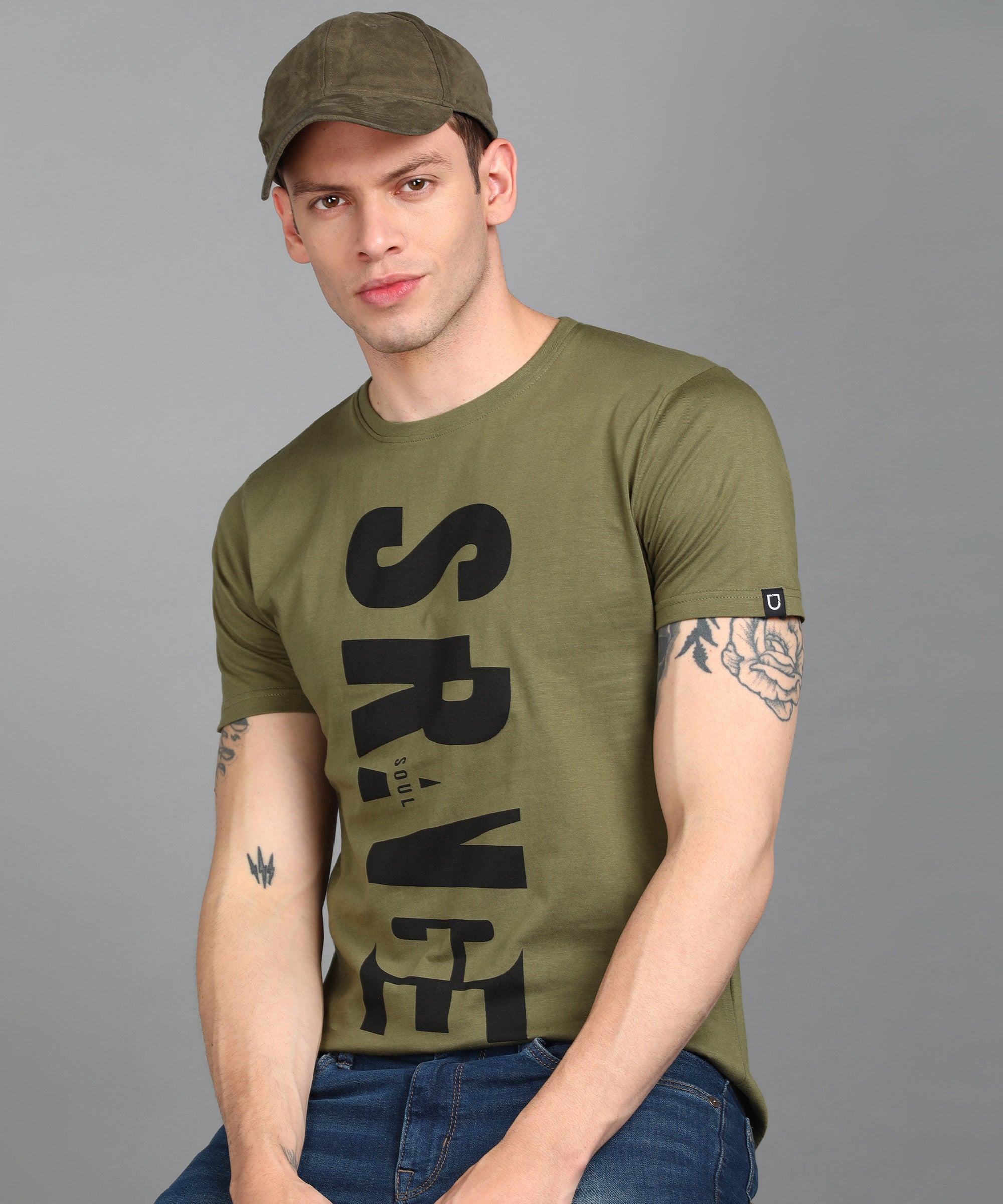 Urbano Fashion Men's Light Olive Graphic Printed Round Neck Half Sleeve Slim Fit Cotton T-Shirt