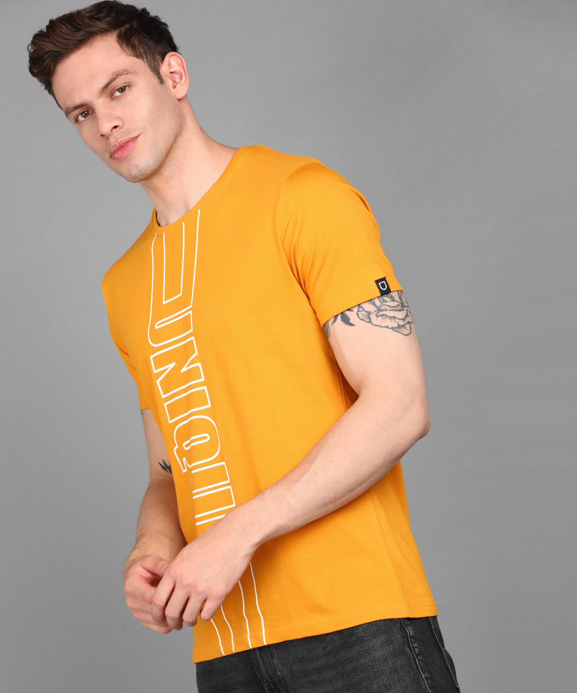 Urbano Fashion Men's Yellow Graphic Printed Round Neck Half Sleeve Slim Fit Cotton T-Shirt