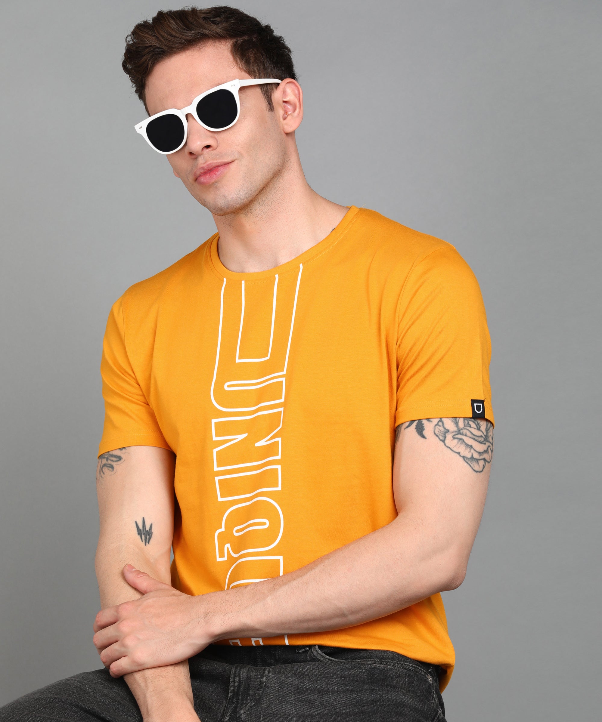 Urbano Fashion Men's Yellow Graphic Printed Round Neck Half Sleeve Slim Fit Cotton T-Shirt