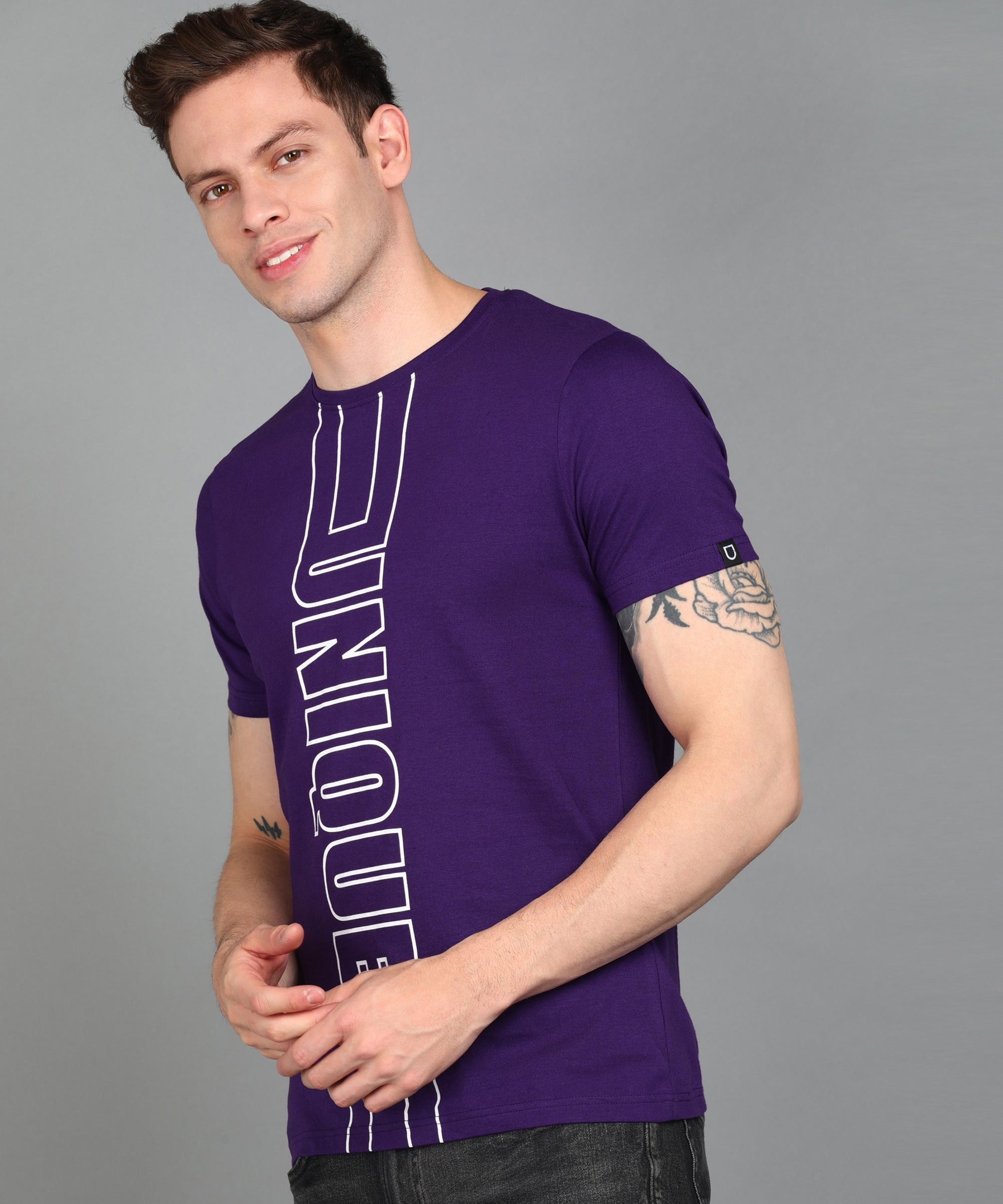 Urbano Fashion Men's Purple Graphic Printed Round Neck Half Sleeve Slim Fit Cotton T-Shirt