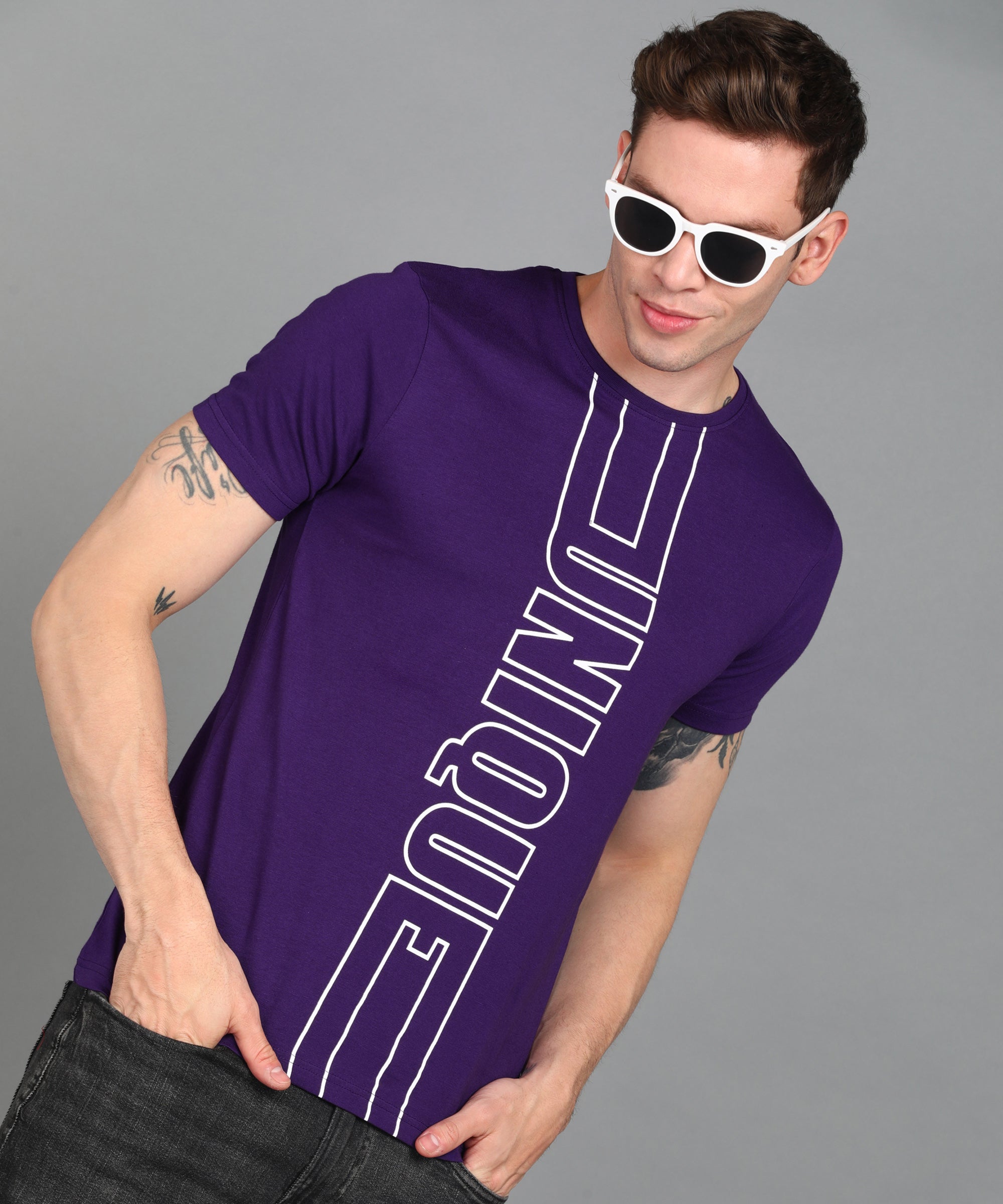 Urbano Fashion Men's Purple Graphic Printed Round Neck Half Sleeve Slim Fit Cotton T-Shirt