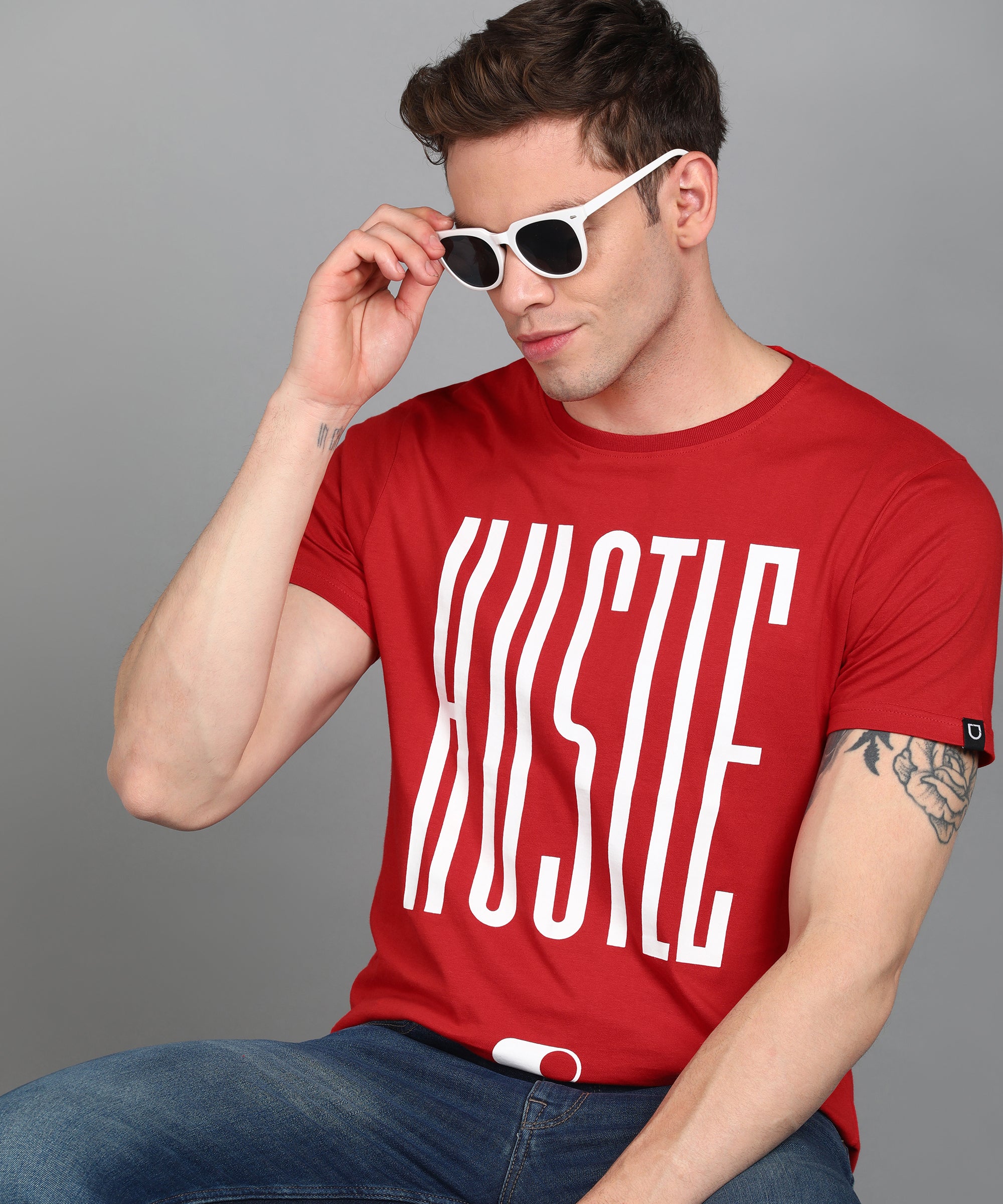 Urbano Fashion Men's Red Graphic Printed Round Neck Half Sleeve Slim Fit Cotton T-Shirt