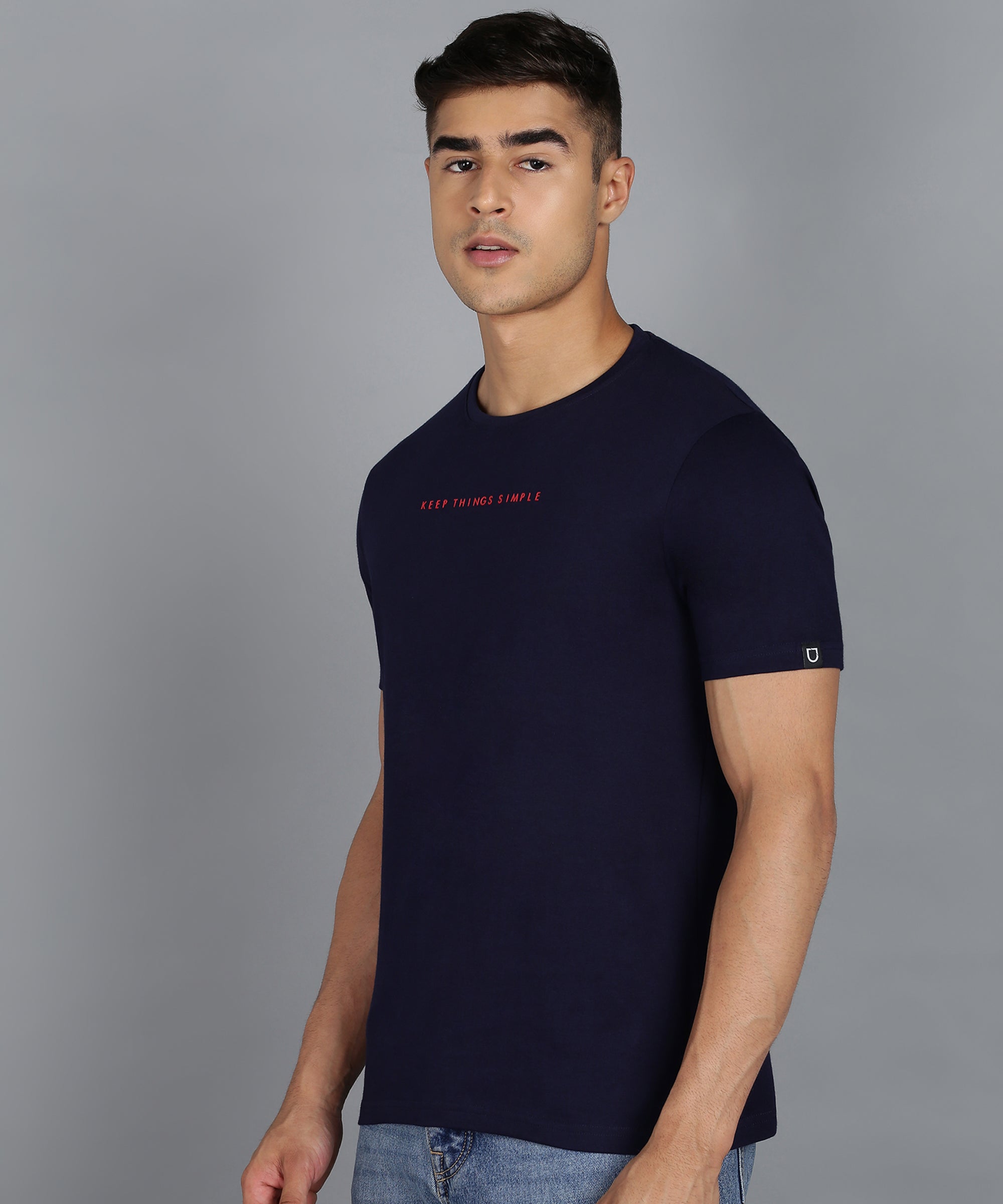 Urbano Fashion Men's Dark Blue Graphic Printed Round Neck Half Sleeve Slim Fit Cotton T-Shirt