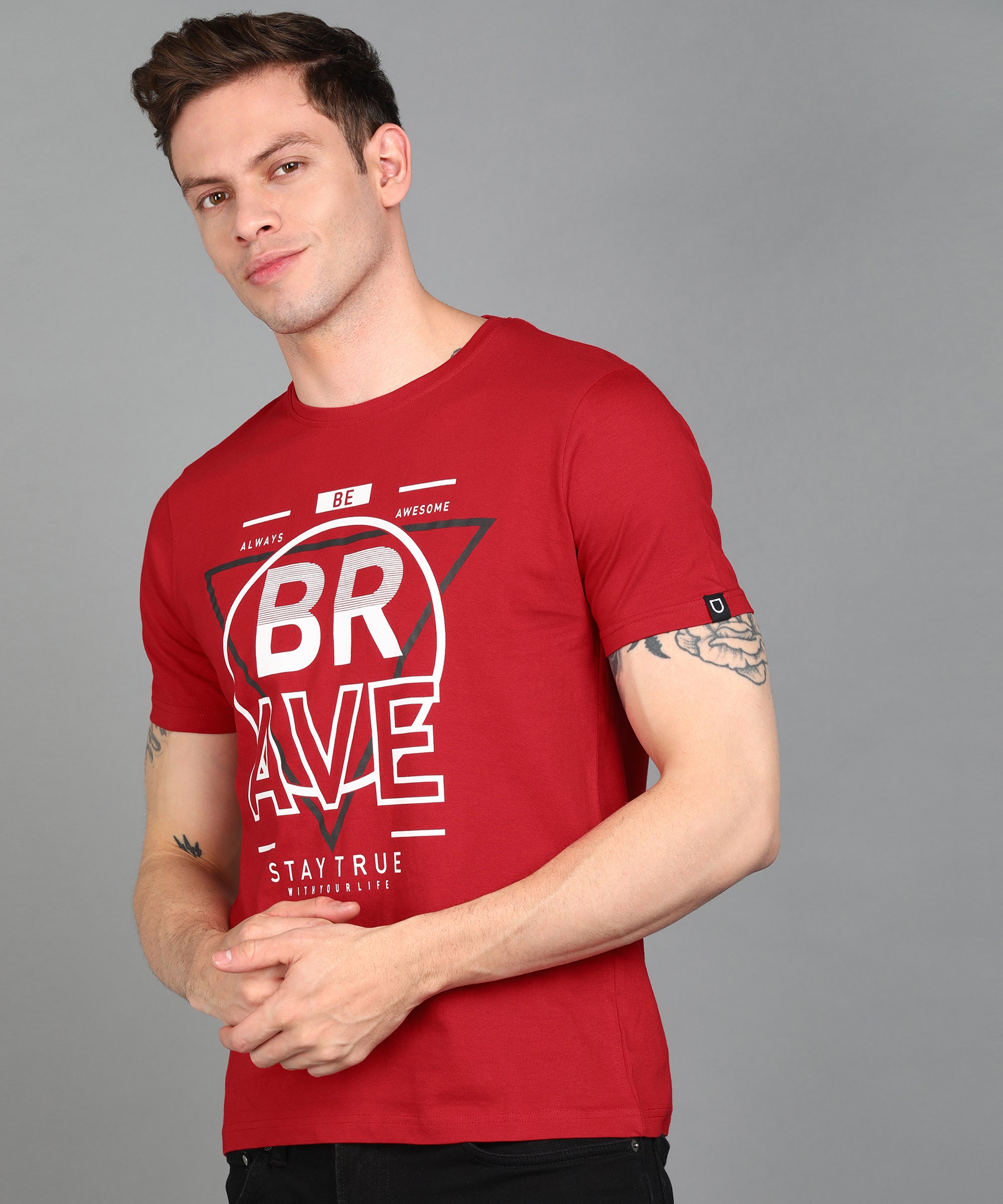 Urbano Fashion Men's Red Graphic Printed Round Neck Half Sleeve Slim Fit Cotton T-Shirt