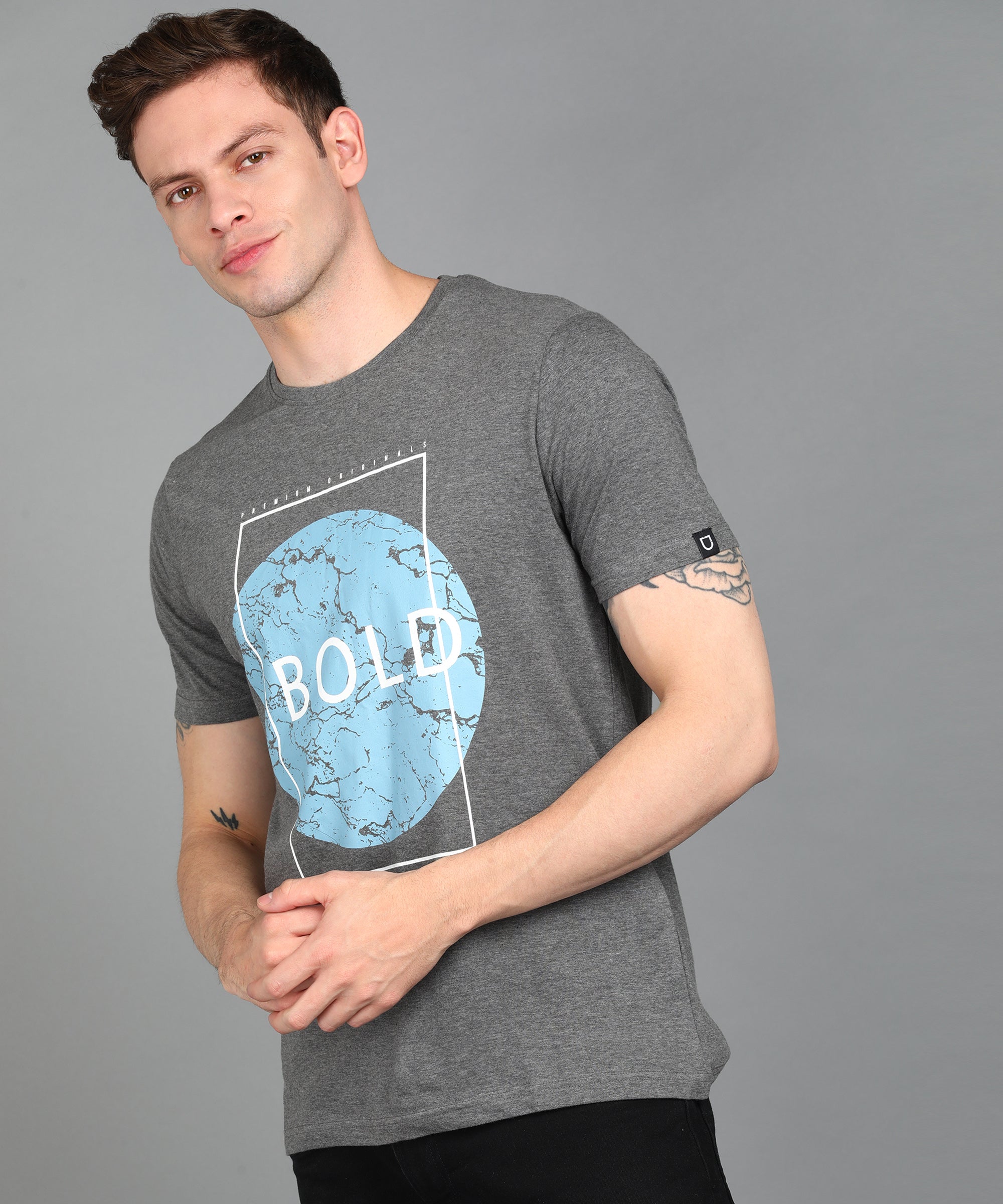 Urbano Fashion Men's Grey Graphic Printed Round Neck Half Sleeve Slim Fit Cotton T-Shirt