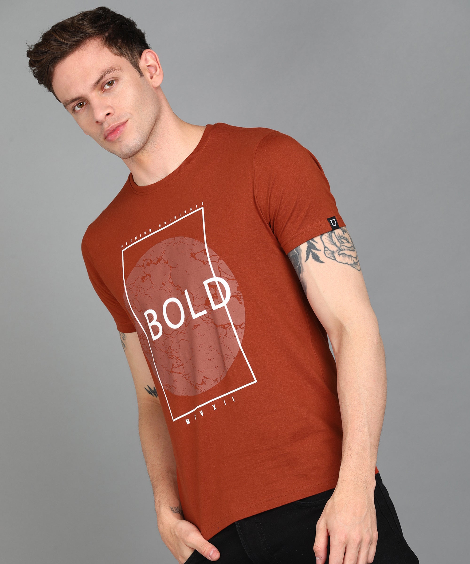 Urbano Fashion Men's Rust Graphic Printed Round Neck Half Sleeve Slim Fit Cotton T-Shirt