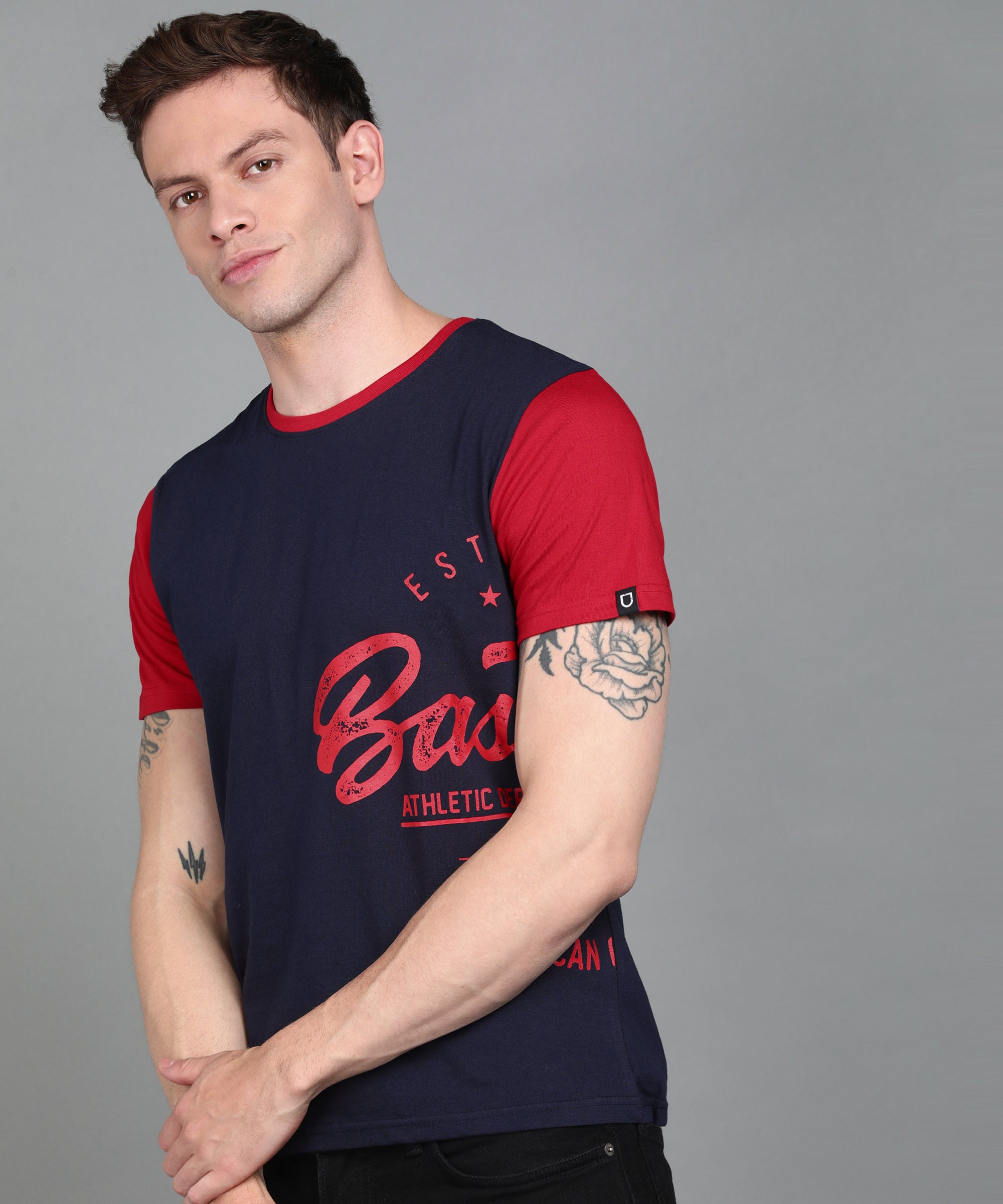 Urbano Fashion Men's Navy Blue, Red Graphic Printed Round Neck Half Sleeve Slim Fit Cotton T-Shirt