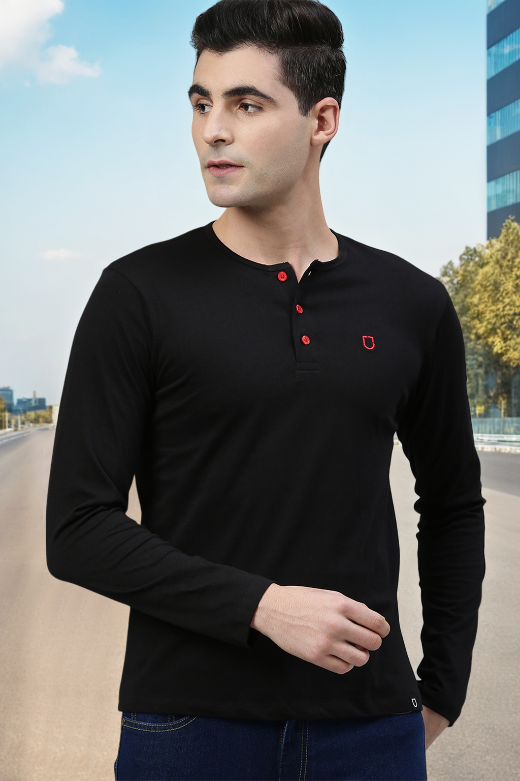 Men's Black Solid Henley Neck Slim Fit Cotton T-Shirt