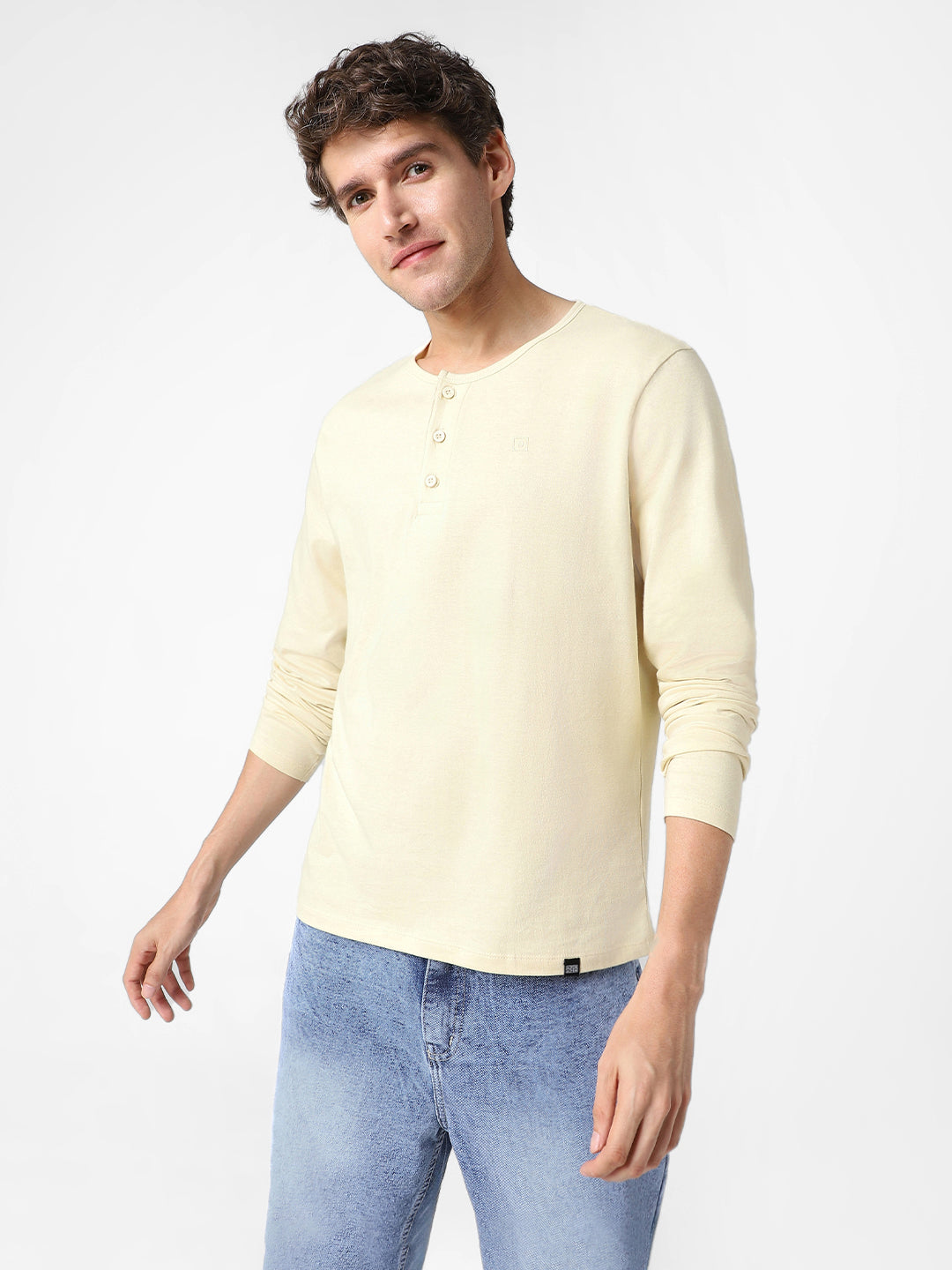 Men's Cloud Cream Solid Henley Neck Slim Fit Full Sleeve Cotton T-Shirt