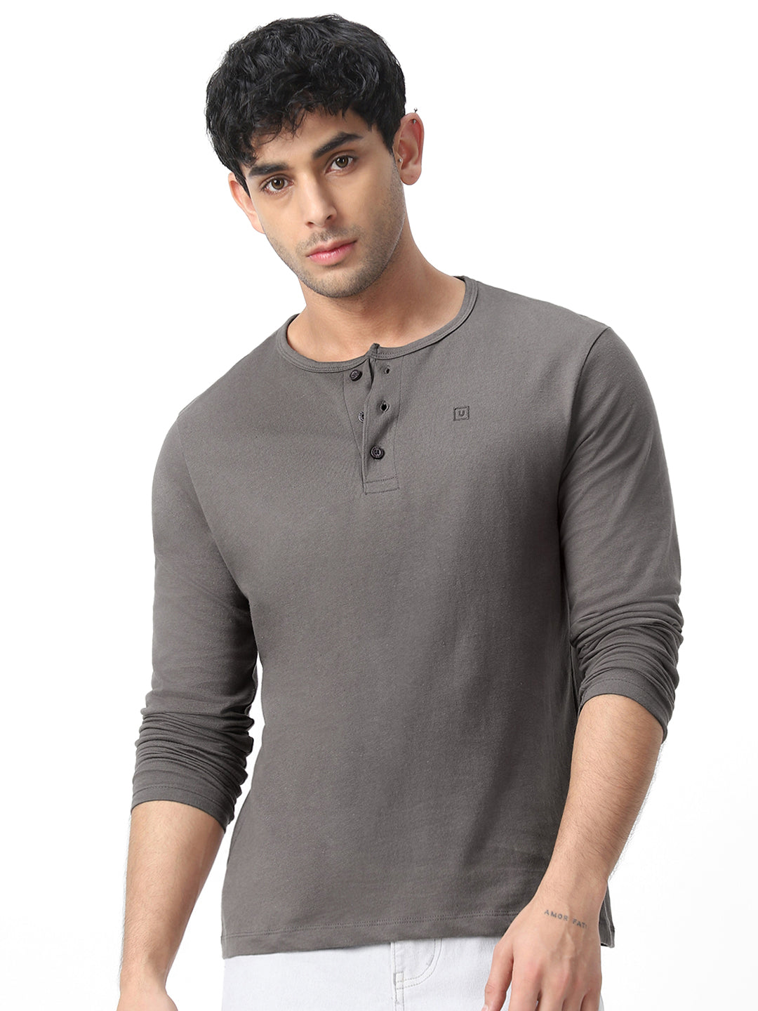 Men's Dark Grey Solid Henley Neck Slim Fit Full Sleeve Cotton T-Shirt