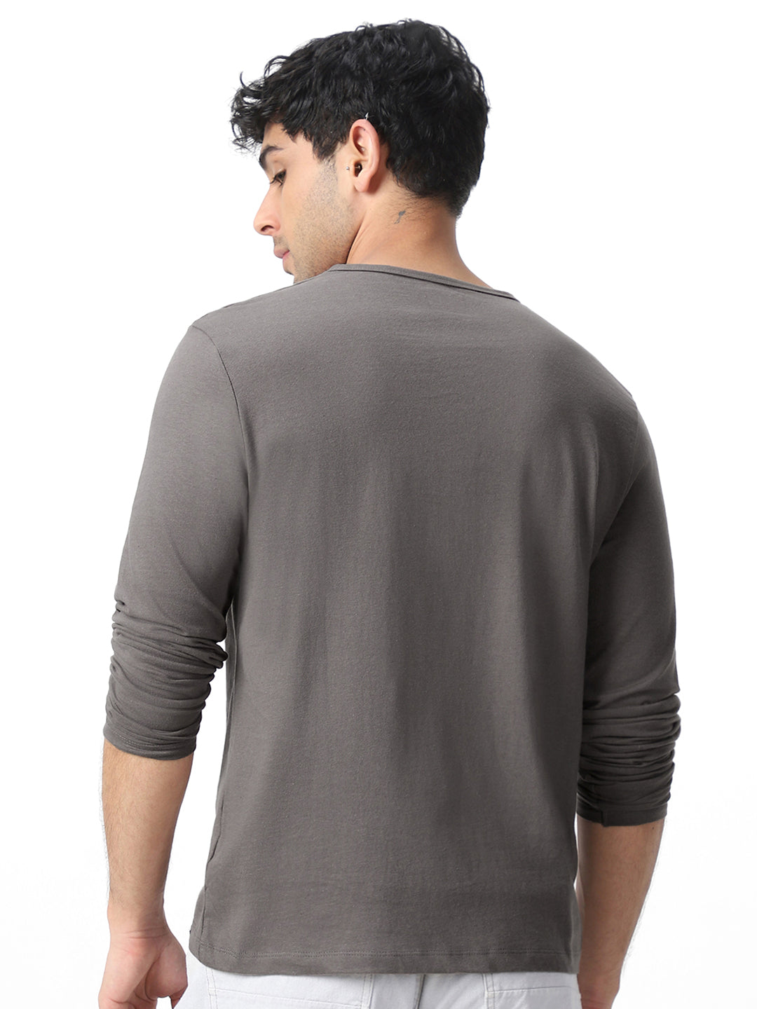 Men's Dark Grey Solid Henley Neck Slim Fit Full Sleeve Cotton T-Shirt