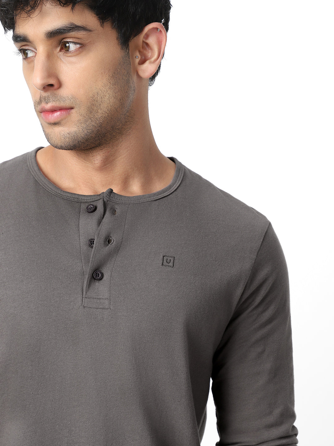 Men's Dark Grey Solid Henley Neck Slim Fit Full Sleeve Cotton T-Shirt