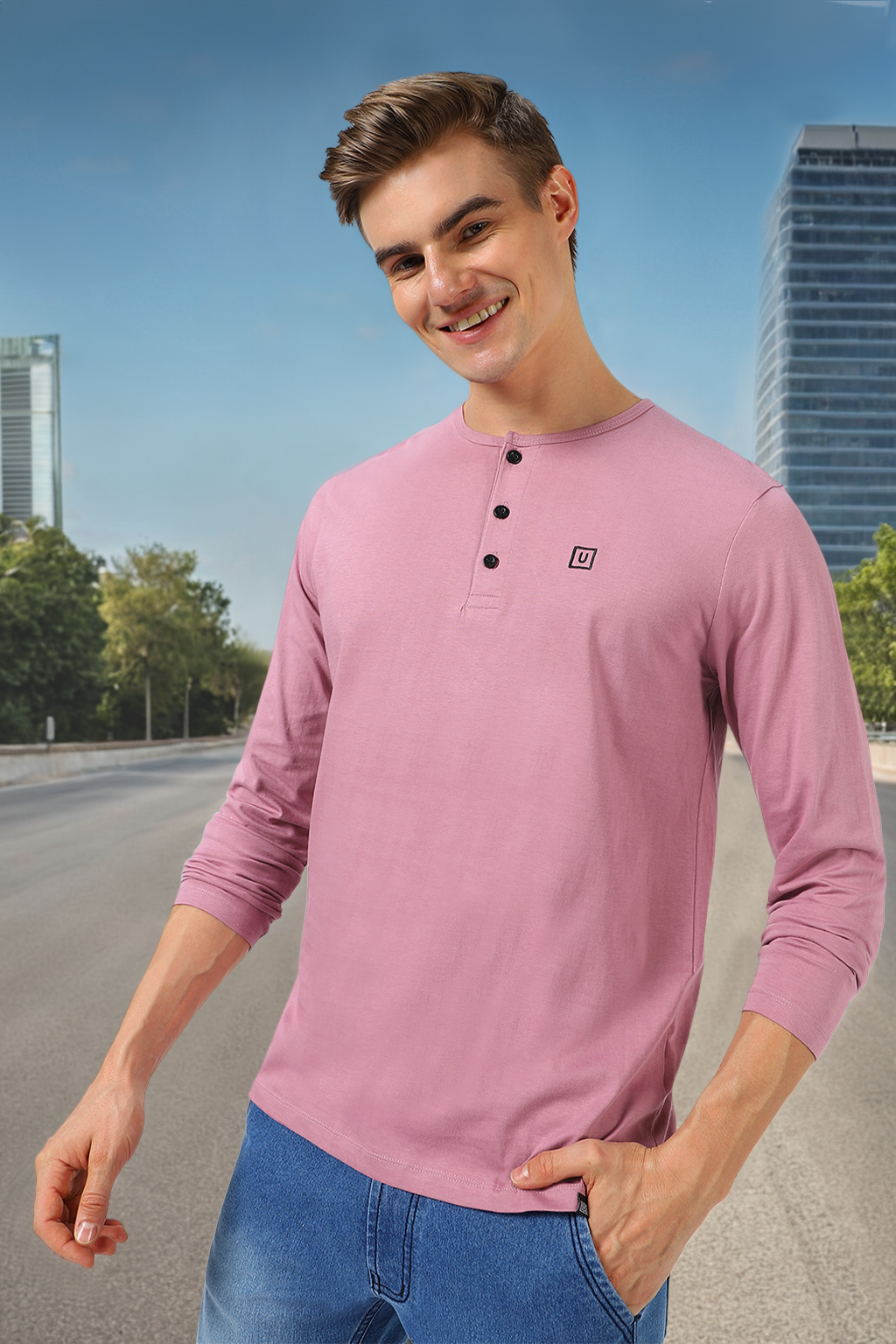 Men's Lilac Solid Henley Neck Slim Fit Full Sleeve Cotton T-Shirt