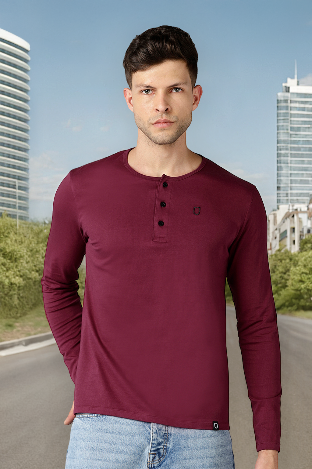 Men's Maroon Solid Henley Neck Slim Fit Full Sleeve Cotton T-Shirt