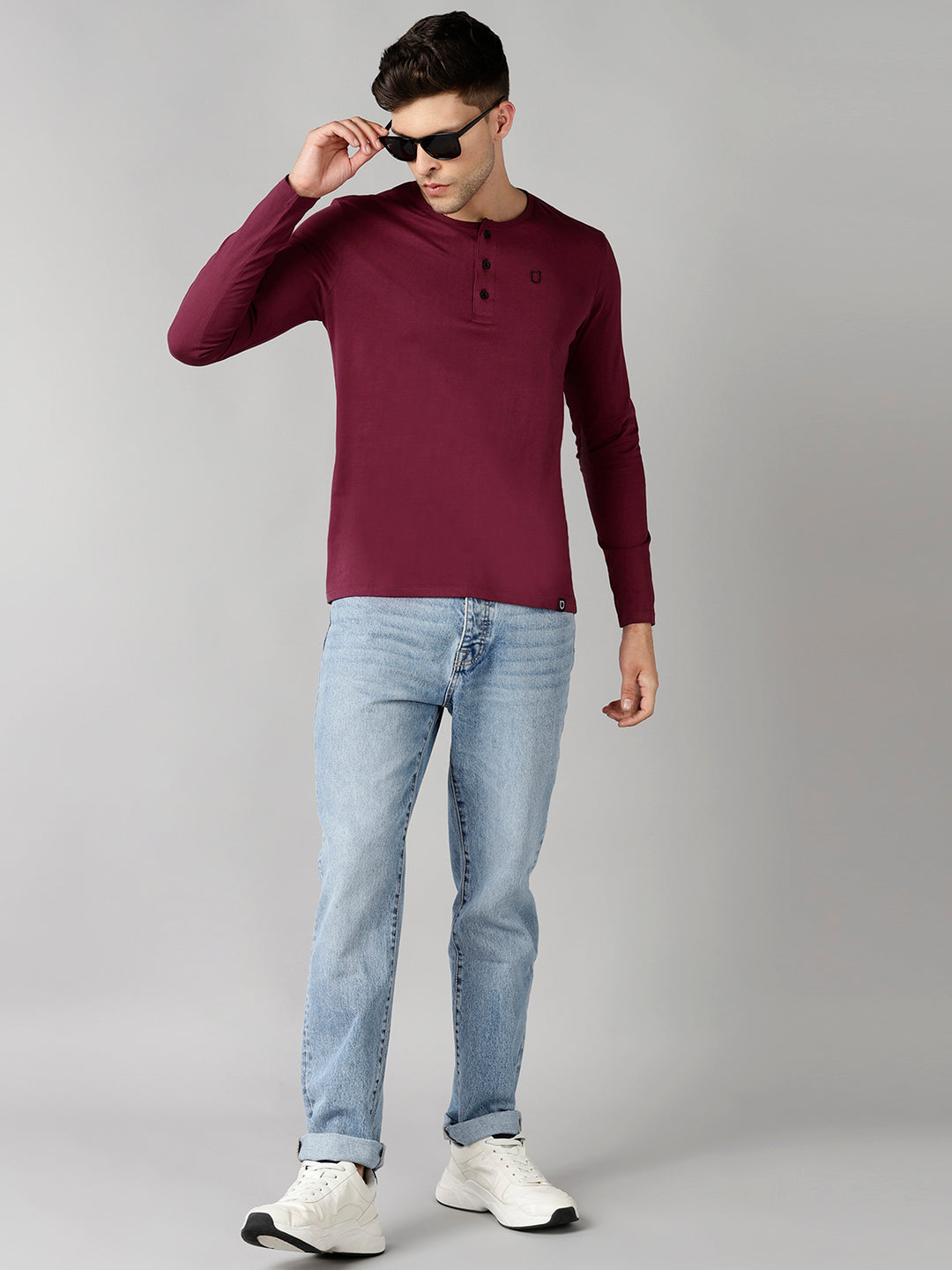 Men's Maroon Solid Henley Neck Slim Fit Full Sleeve Cotton T-Shirt